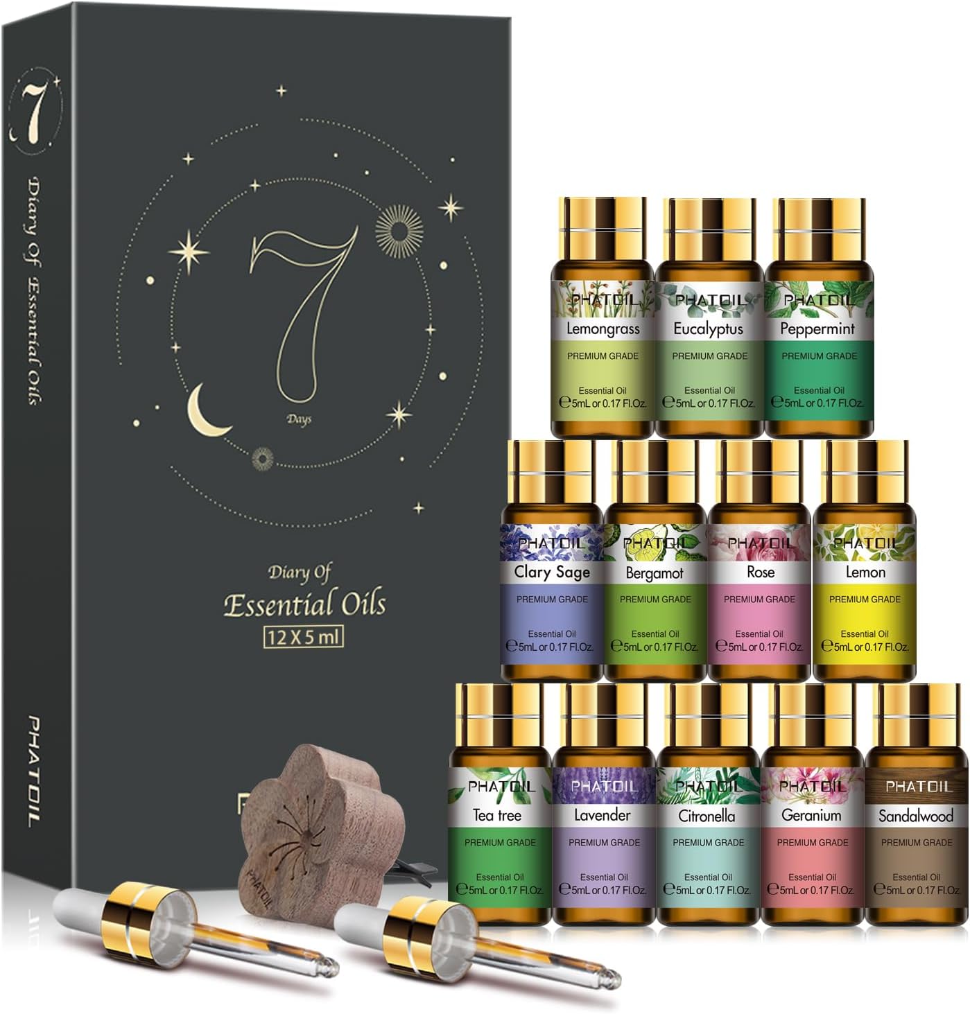 Essential Oil Set, 12x5ml Essential Oils Gift Set with Diffused Wood, Essential Oils for Diffusers DIY Candle Soap Making