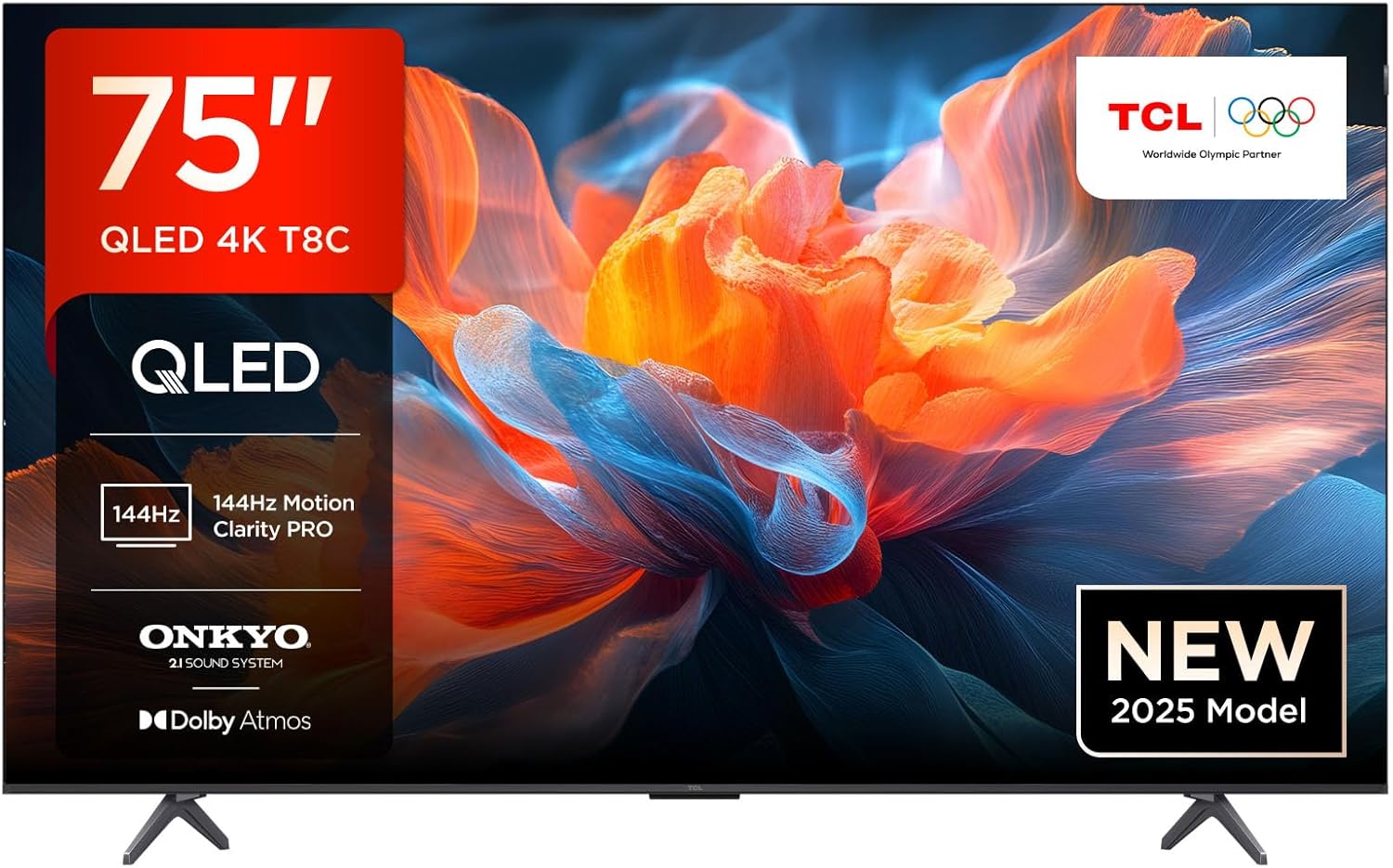 TCL 75T8C-UK 75" 4K 144Hz Gaming QLED Onkyo 2.1 Dolby Atmos Google TV with Dolby Vision & HDR 10+ BBC iPlayer (2025 New Model)