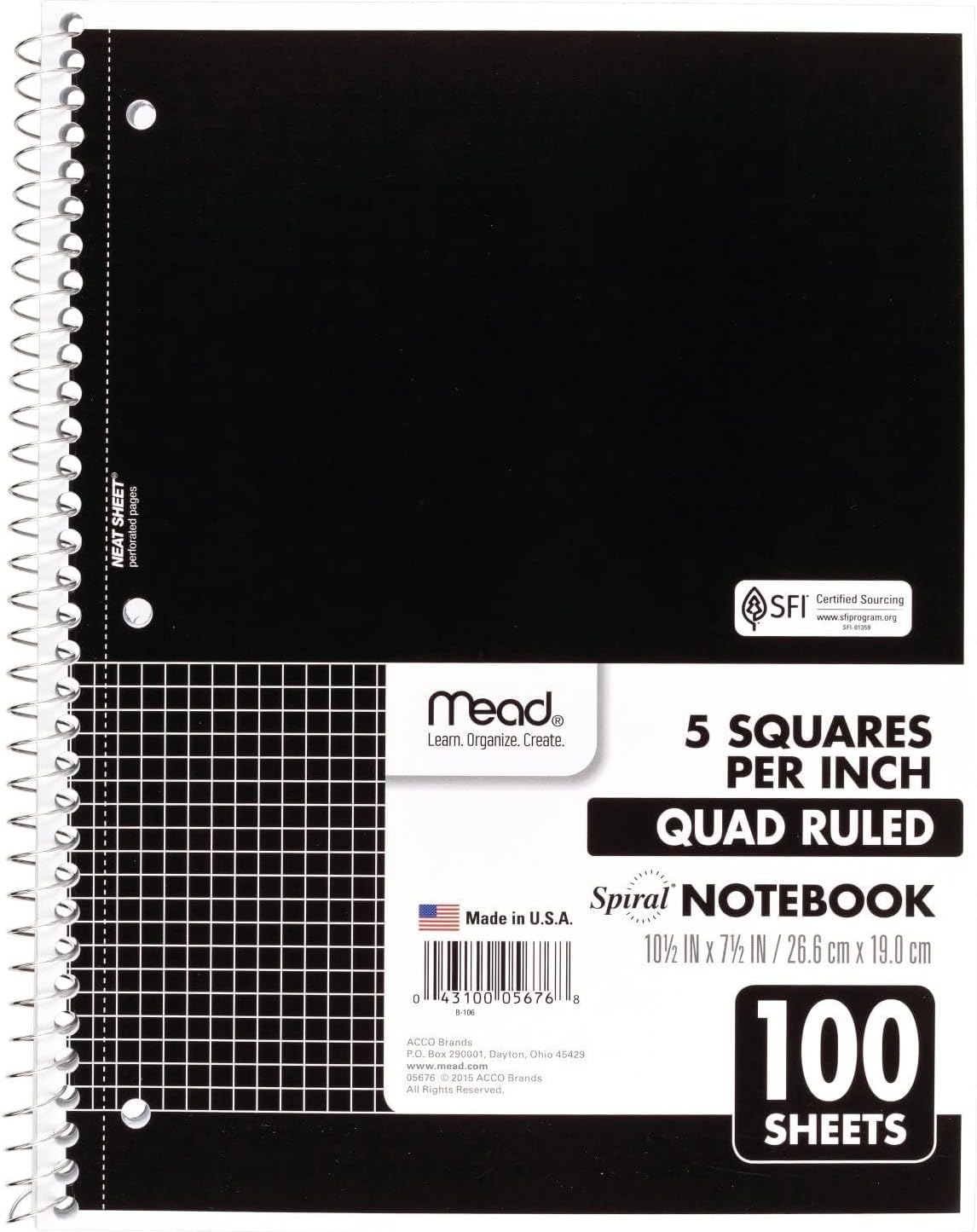 Mead Spiral Notebook, 1 Subject, Graph Ruled Paper, 7-1/2" x 10-1/2", 100 Sheets, Black (05676AA5)