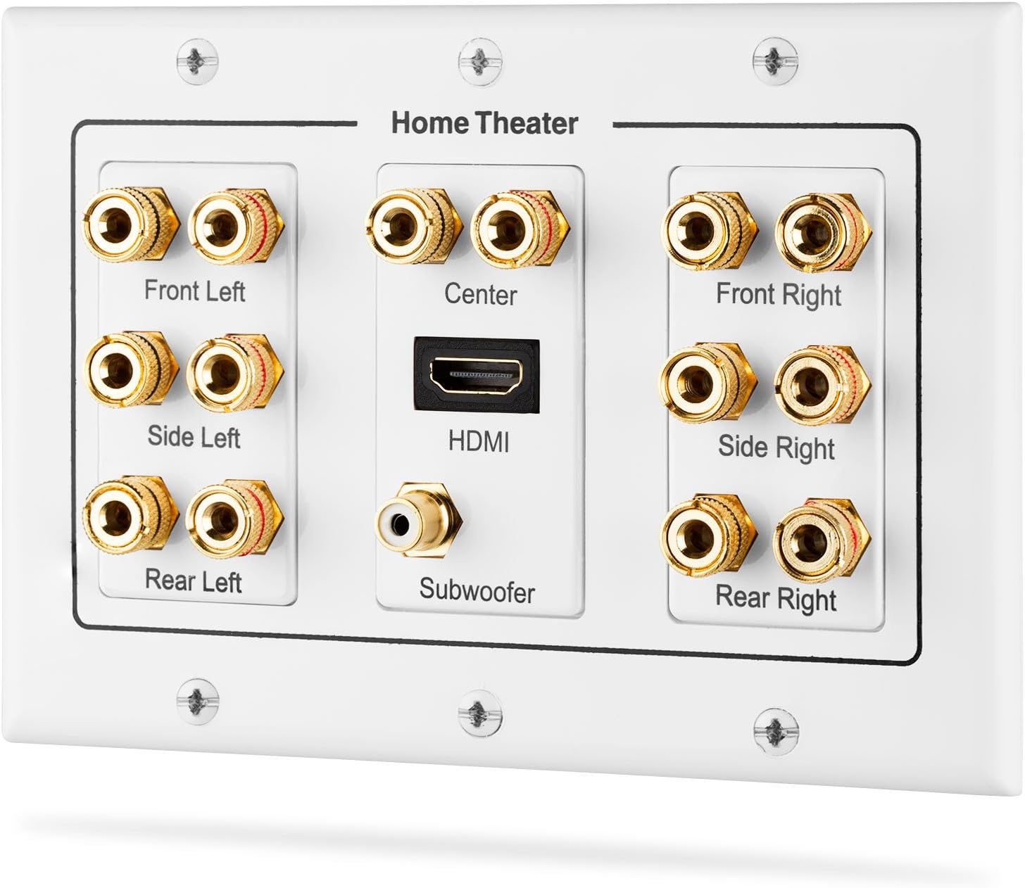 Fosmon HD8006 3-Gang 7.1 Surround Distribution Home Theater Gold Plated Copper Banana Binding Post Coupler Type Wall Plate for 7 Speakers, 1 RCA Jack for Subwoofer & 1 HDMI Port
