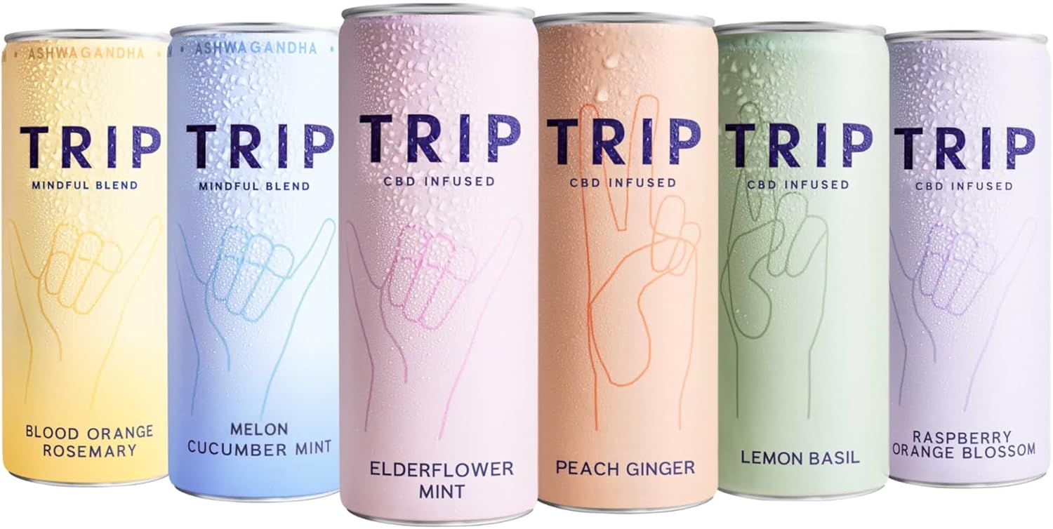 TRIP Variety Pack with Six Flavours – 8 Sparkling Drinks with CBD + 4 with Magnesium Citrate, Ashwagandha, Lion’s Mane & L-theanine. Low Calorie, No Added Sugar & Vegan (12 x 250ml)