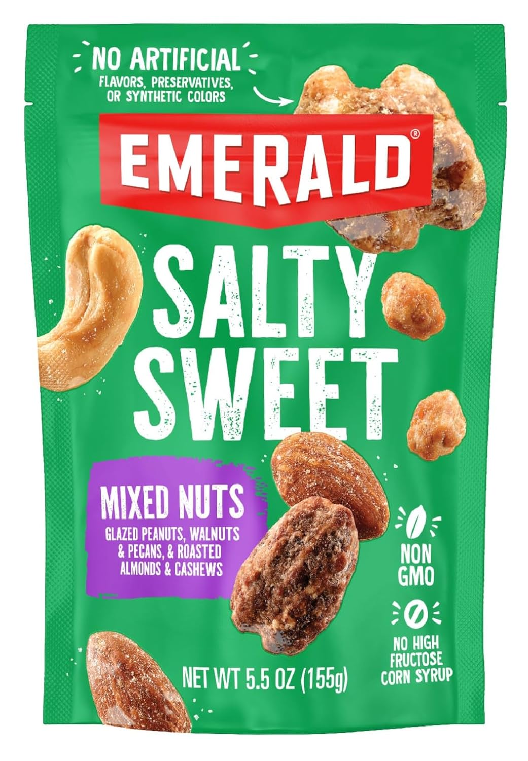 Emerald Nuts Salty Sweet Mixed Nuts (1-Pack), Features Kettle Glazed Peanuts, Almonds, Cashews, Kettle Glazed Walnuts, Kettle Glazed Pecans, 5.5oz Resealable Bag