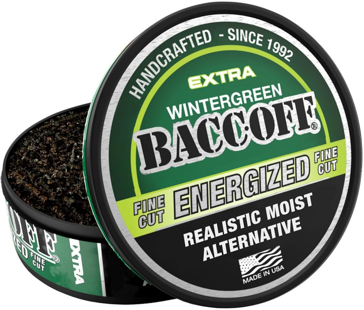 1 Can, BaccOff Extra Wintergreen Energized Fine Cut, Strong Wintergreen Flavor with Caffeine and B Vitamins