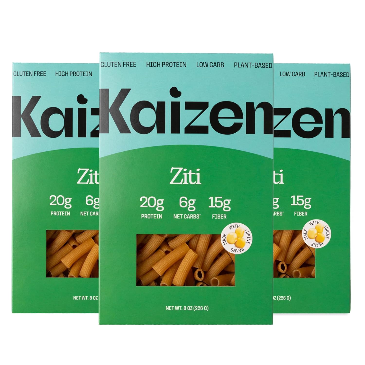 Kaizen Low Carb Keto Pasta Ziti - High Protein (20g), Gluten-Free, Keto-Friendly (6g Net), Plant-Based Lupini Noodles made w/High Fiber Lupin Flour - 8 ounces (Pack of 3)