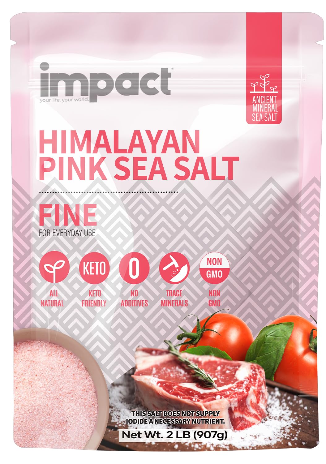 Impact Himalayan Pink Sea Salt Fine 2lb Pouch - No Additives, Rich in Trace Minerals, Non-GMO, Gluten-Free. Ideal for Keto, Fasting & Everyday Cooking. Pure Himalayan Source- Ancient Mineral Sea Salt