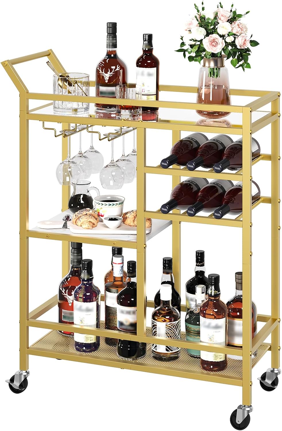 Bar Cart for Home, 3-Tier Serving Cart with Mirrored Top, Beverage Cart with Wine Rack and Glass Holder, Drink Cart with Wheels, for Dining Room, Living Room, Gold and White RCJM7101