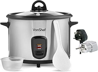 Vonshef 220 Volt Rice Cooker 10 Cup, Non Stick, Stainless Steel, Bundle With Dynastar Adapters | 220v 240v (NOT FOR USA)