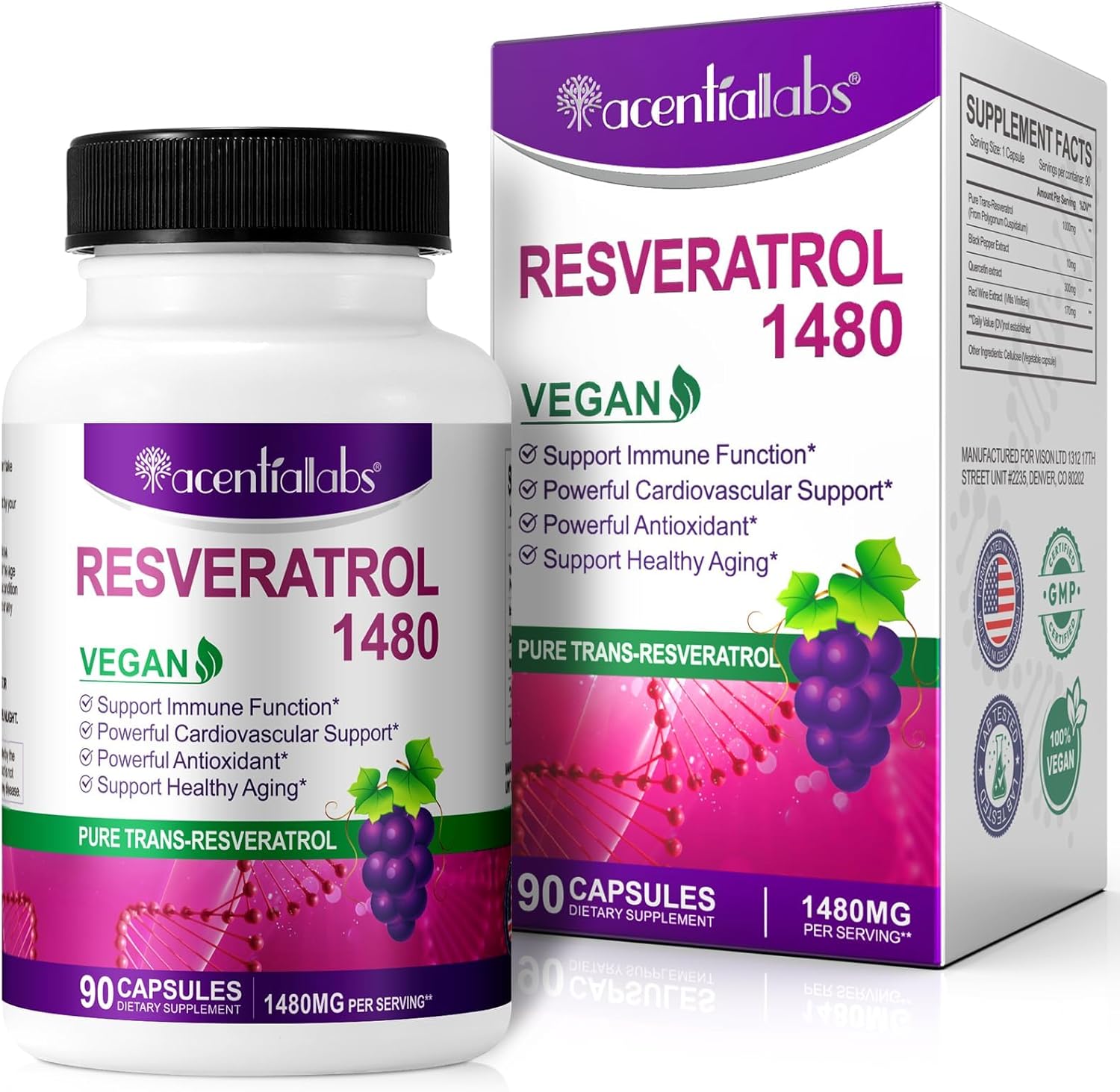 Resveratrol 1480mg - Trans-Resveratrol Antioxidant Supplement with Green Tea, Grape Seed Extract and Quercetin - Helps to Heart Health & Pure, Supports Healthy Aging and Immune System, 90 Capsules