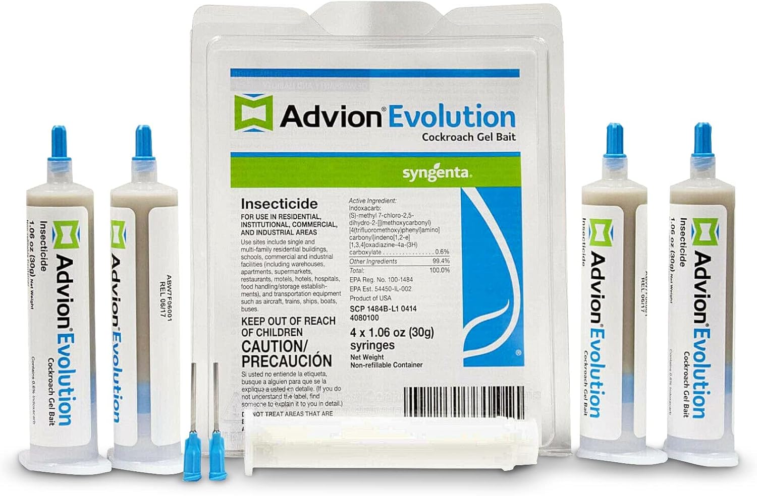 Advion Evolution Cockroach Gel Bait, 4 Tubes x 30-Grams, 1 Plunger and 2 Application Tips, Formulated with Indoxacarb, Enhanced Formulation, Ready-to-Use Roach Killer for Indoor and Outdoor Use