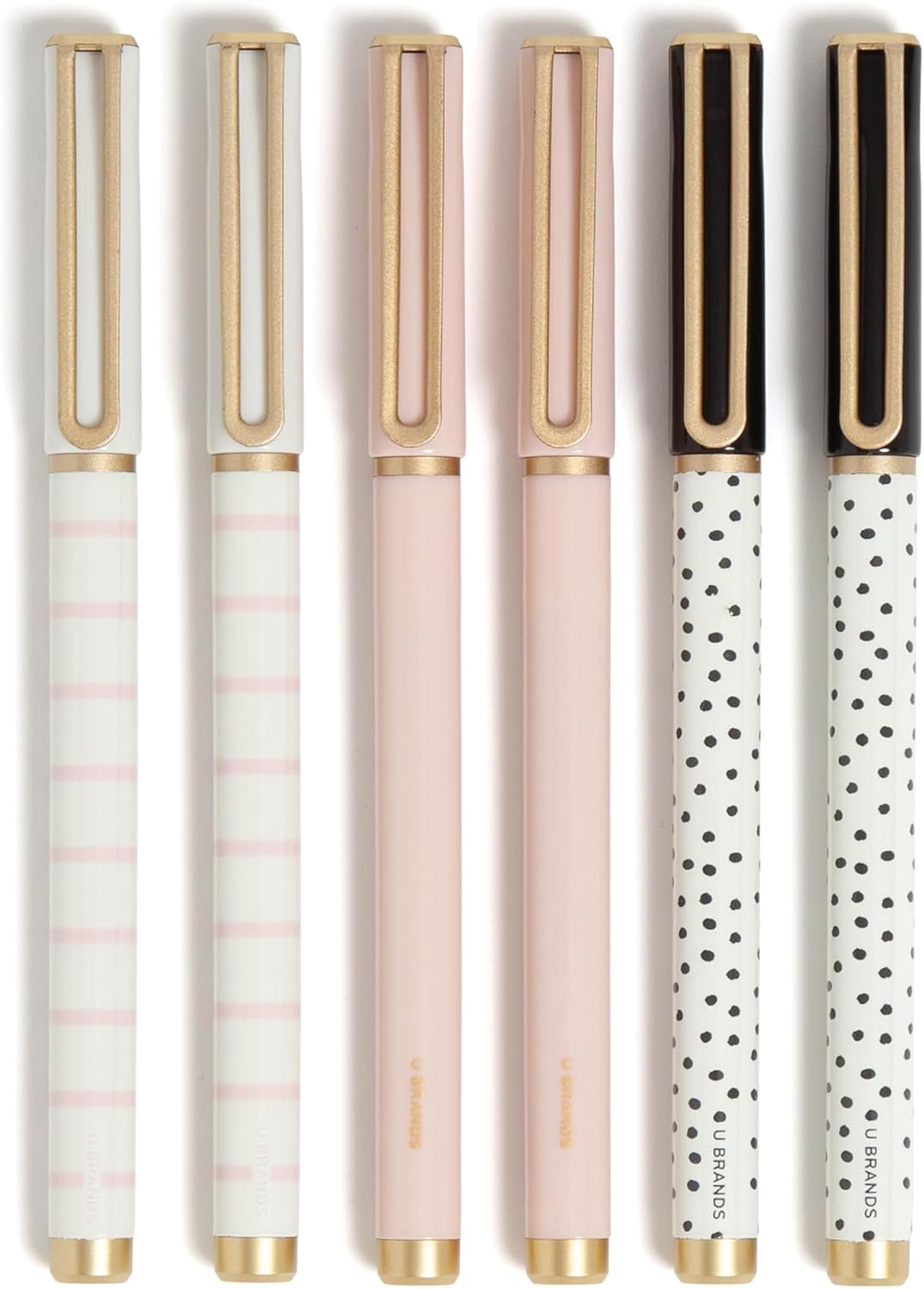 U Brands Catalina Felt Tip Pens, Set of 6, Classic Chic Stripes and Dots with Gold Details, Medium (0.7 mm) Point, Black Ink