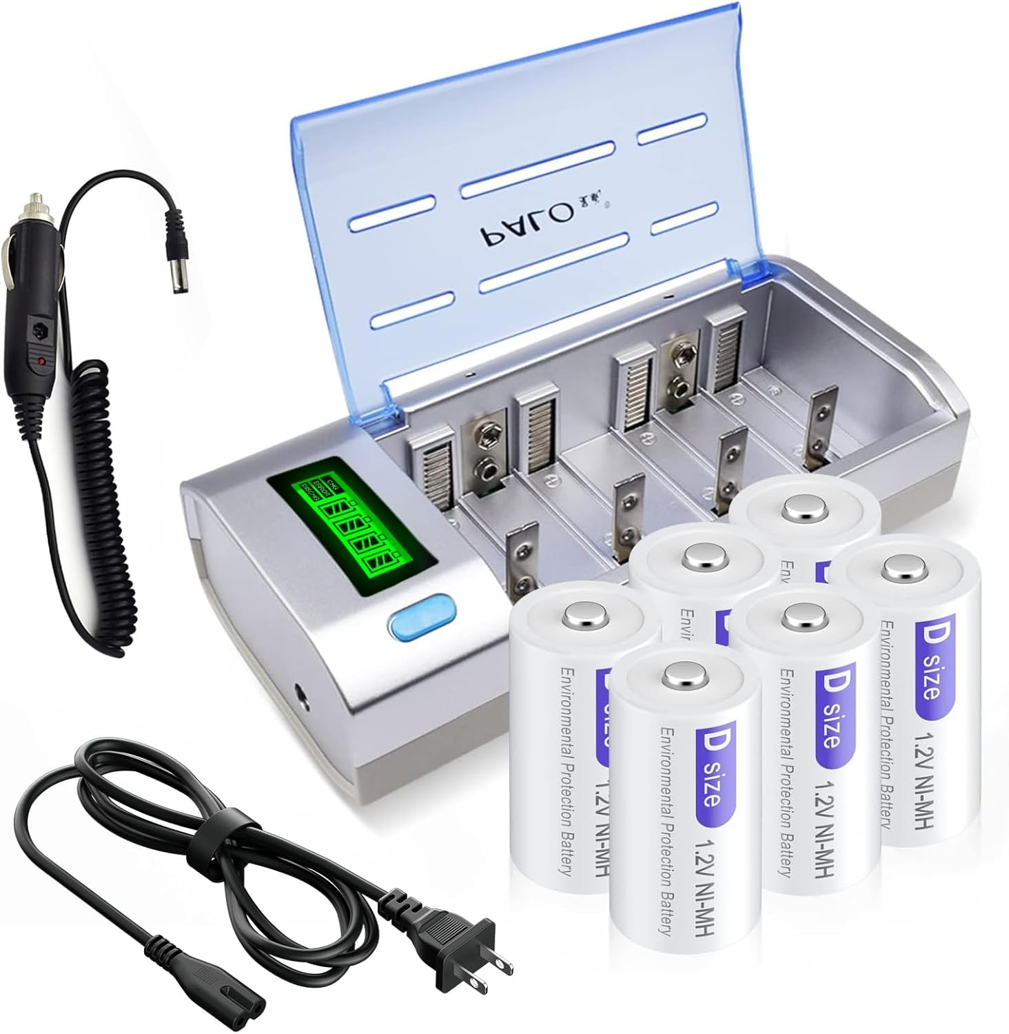 6 Packs D Rechargeble Batteries with Charger for C D 9V AA AAA Battery丨Discharge Function丨3 Batteries Box and Car Charger Cable