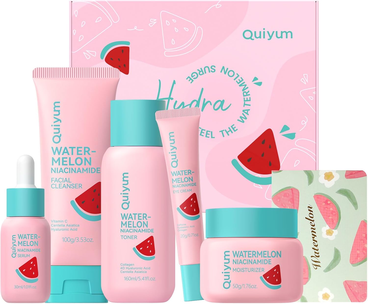 Watermelon Skincare Set, 5PCS Hydrating Daily Face Care Kit with Niacinamide, Hyaluronic Acid & Collagen for Radiant & Smooth, Christmas Birthday Pamper Gifts for Women Teenage Girls