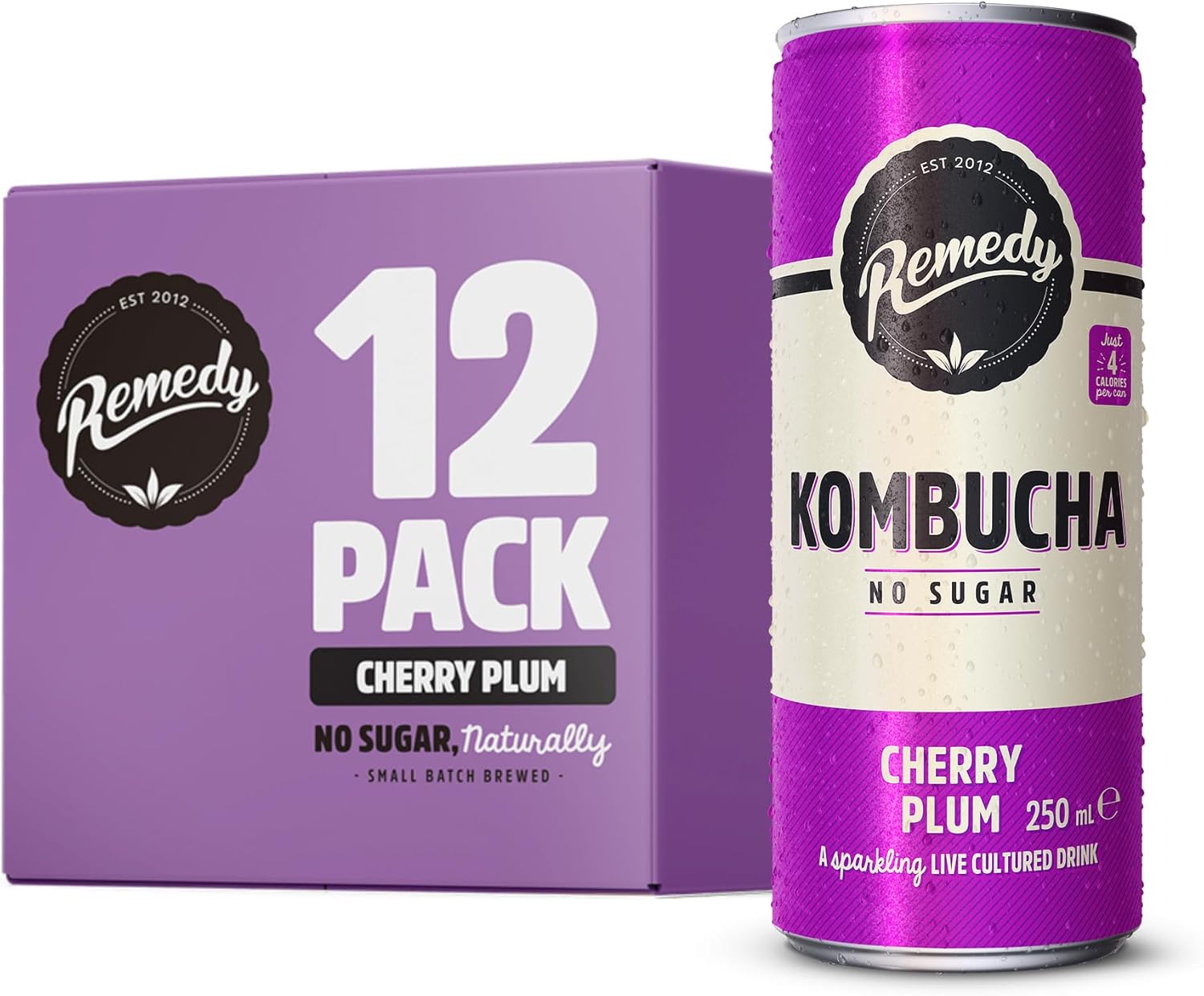 Remedy Kombucha Tea - Cherry Plum - Sparkling Live Cultured Drink - Naturally Sugar Free Soft Drink - Prime Probiotic Drink for Gut Health - 12 x 250ml