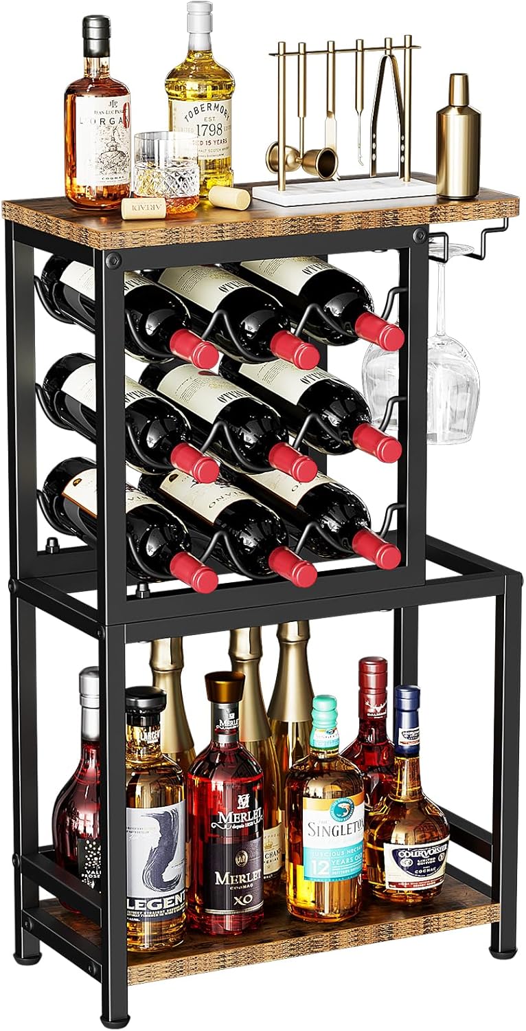 Nuovoware Wine Rack Freestanding Floor, 3 Tier Wine Rack Tabletop with Glasses Holder, Versatile Liquor Stand for Home Bar, Mini Bar Table Corner Liquor Whiskey Wine Display Stand, Black+Brown