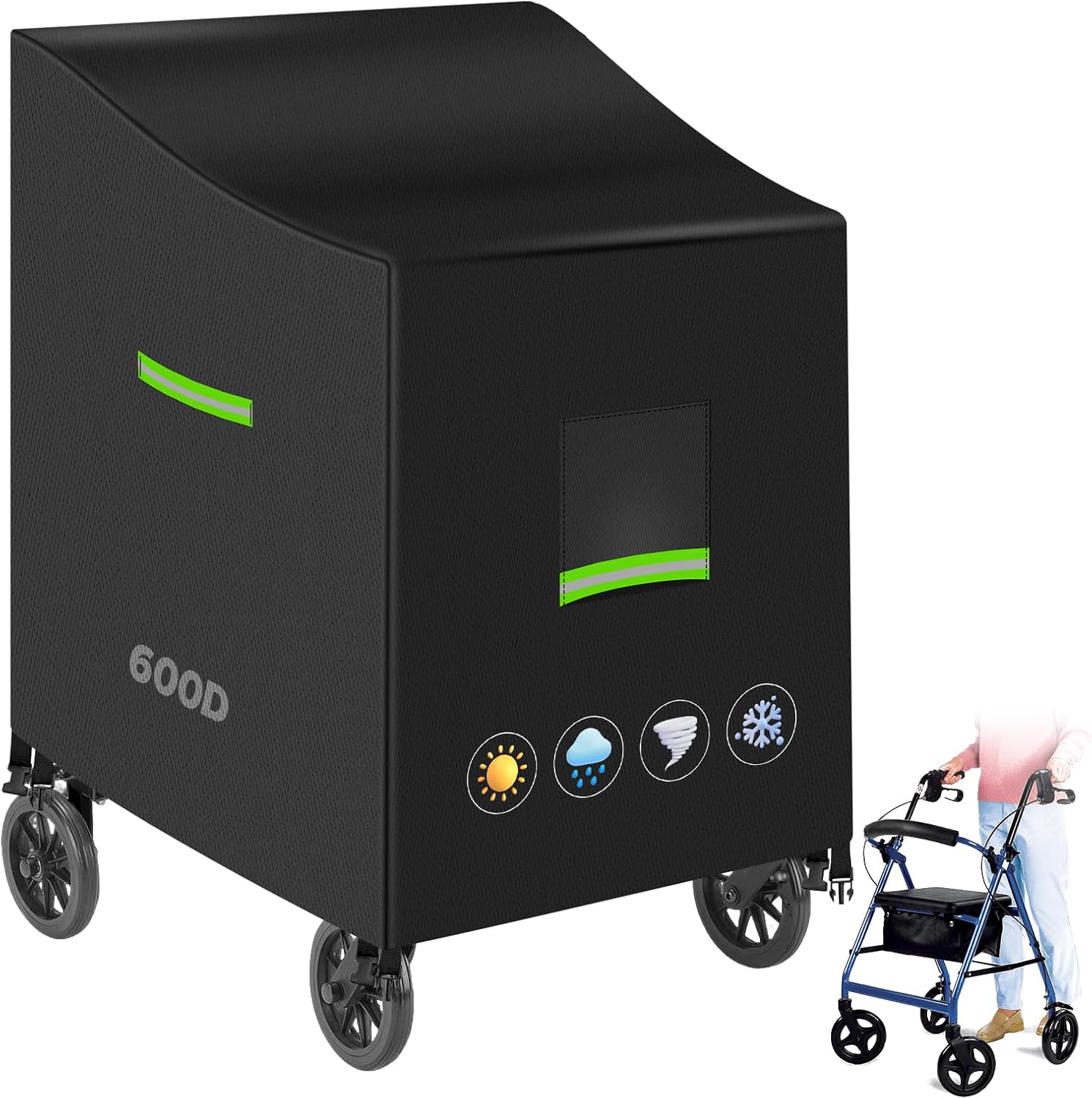 Rollator Cover, Heavy Duty 600D 26"x28.3"x35.4" Universal 4-Wheel Rolling Walker Cover, Waterproof Rollator Walker Cover, Walker Covers with Reflective, Windproof Buckles＆Air Vent, 66x72x90cm