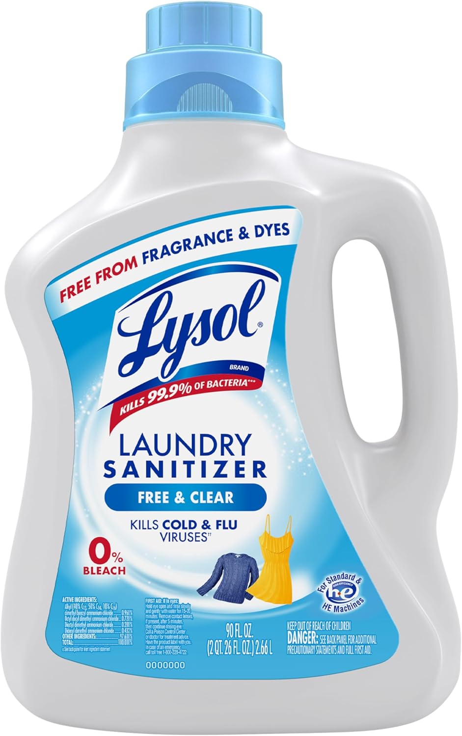 Lysol Laundry Sanitizer Additive, Free & Clear, Free from Fragrance and Dyes, 0% Bleach Laundry Sanitizer, Bacteria-causing Laundry Odor Eliminator, Unscented, 90 Fl Oz (Pack of 1) - Package May Vary