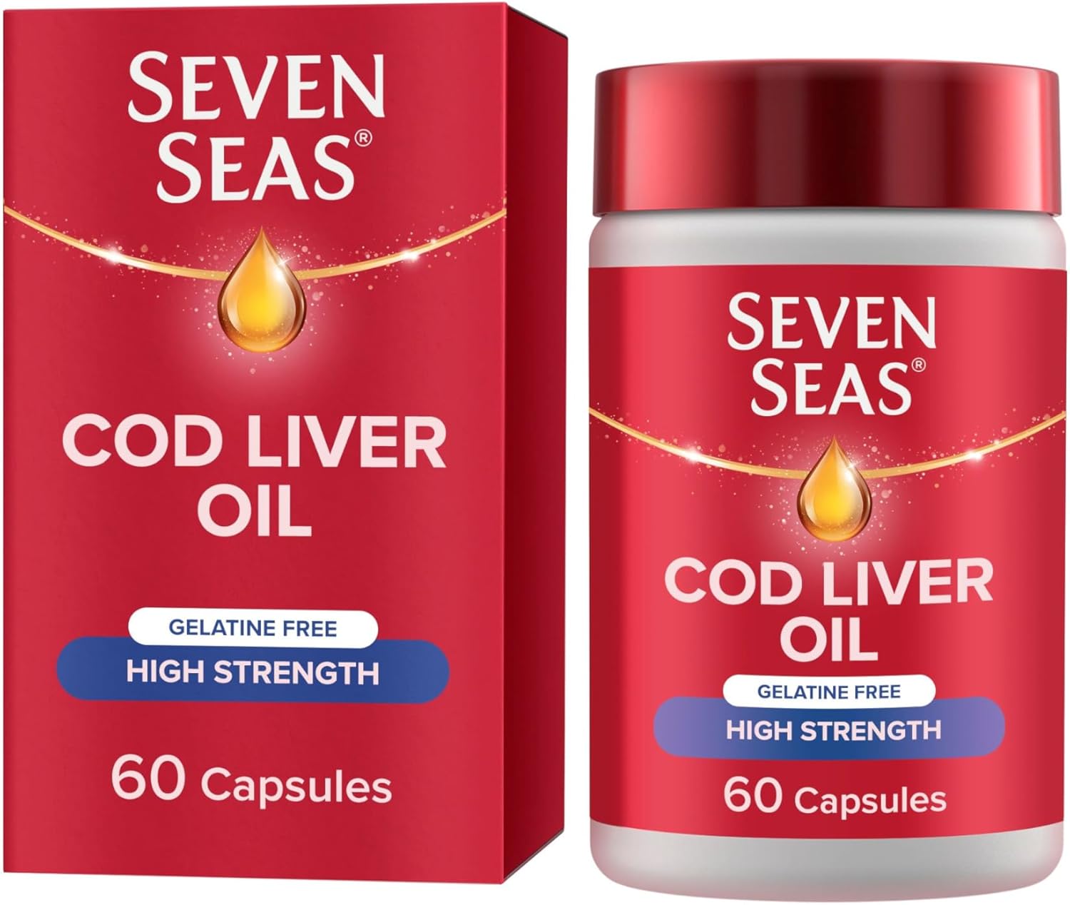 Seven Seas High Strength Cod Liver Oil Tablets With Omega-3, Fish Oil, Gelatine Free, EPA and DHA, Plus High Strength Vitamin D, 60 Capsules