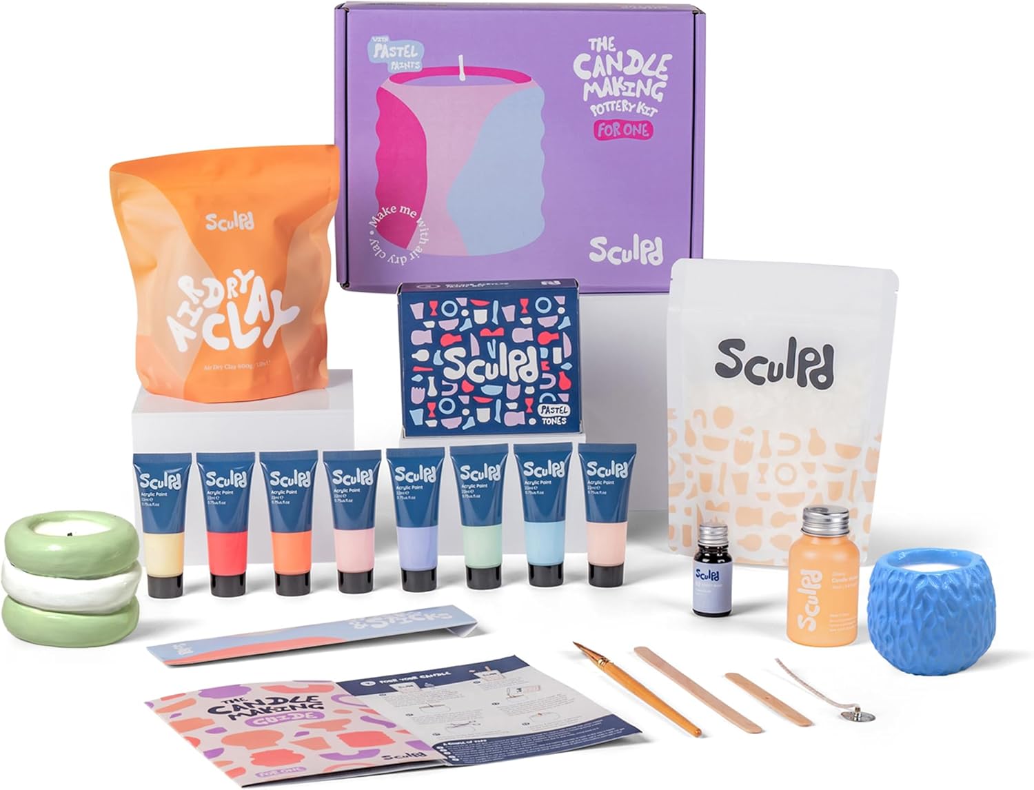 Sculpd - The Original Candle Making & Pottery Kit - Complete Art Set: Includes Air Dry Clay, Soy Wax, 8 Paint Tubes, Fragrance & Tools - DIY Gift for Adults, Teens, Men & Women Crafting (Peony Rose)