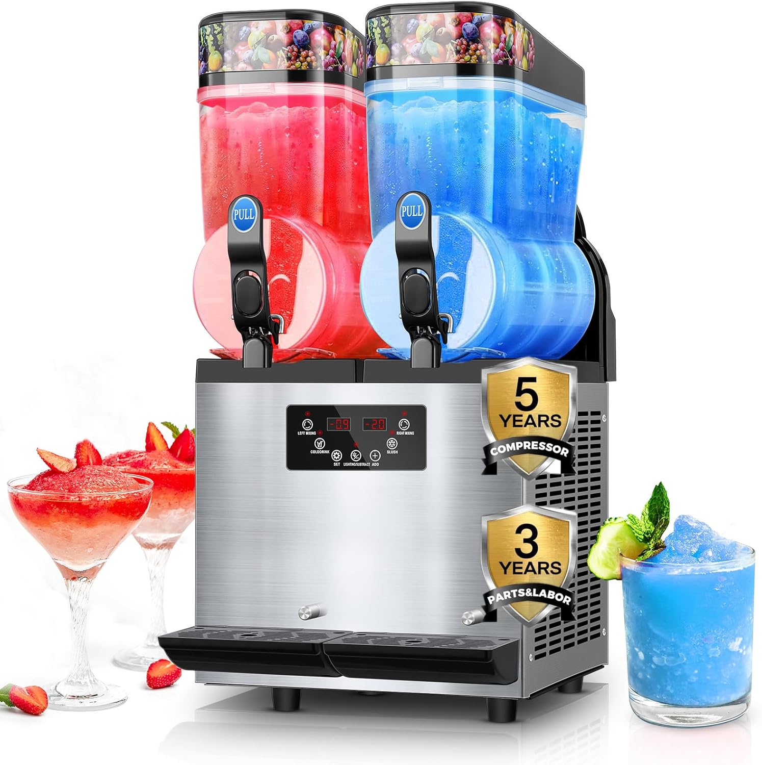 Commercial Slushie Machine 5.5Gal/24L Margarita Machine, 2-Flavor Commercial Slushy Machine, 25-Minute-to-Go Frozen Drink Machine, Stainless Steel, 5-Y on High-End Compressor (15L*3)(Silver)