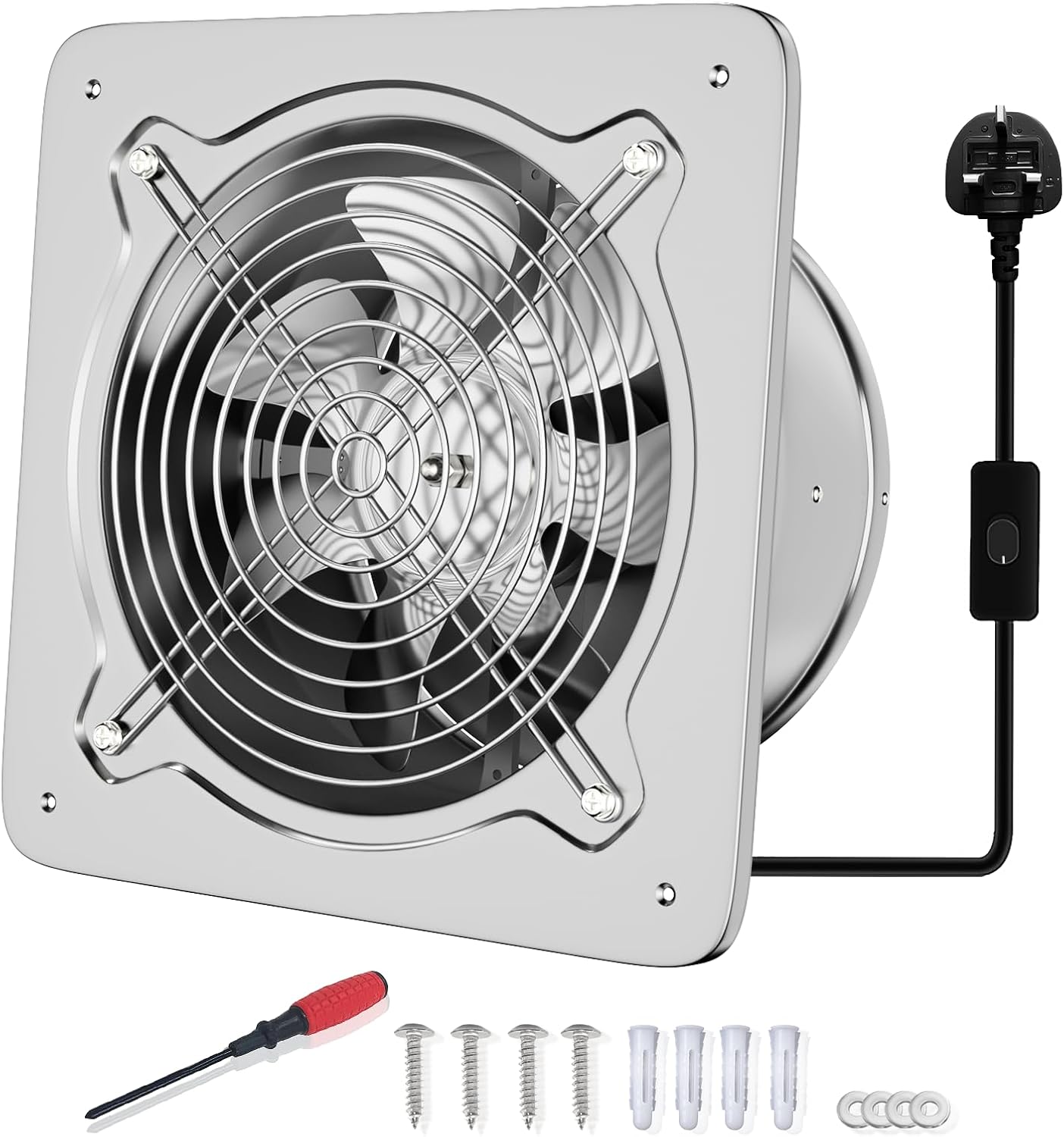 FanGoFast 8 Inch/200mm Kitchen Exhaust Fan 980m³/h Metal Extractor Fan with UK Plug Low Noise Stainless Steel Ventilation Fan for Warehouse Home Restaurant Garage (Silver, 200mm)