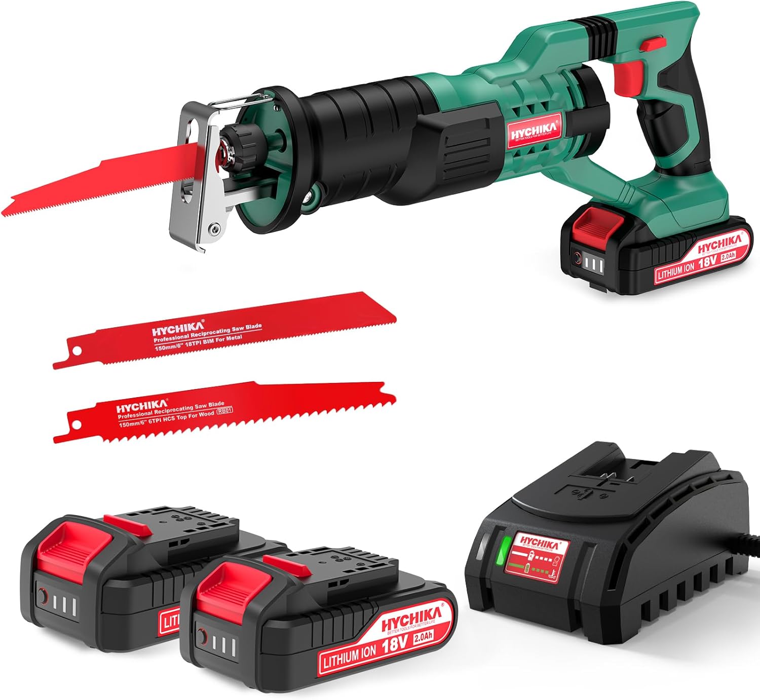 HYCHIKA Cordless Reciprocating Saw, 18V Brushless Electric Saws, 0-2800SPM Variable Speed Electric Saw with 2x2000mAh Batteries, 2 PCS Saw Blades, Fast Charger, LED Light,for Wood Metal PVC Cutting