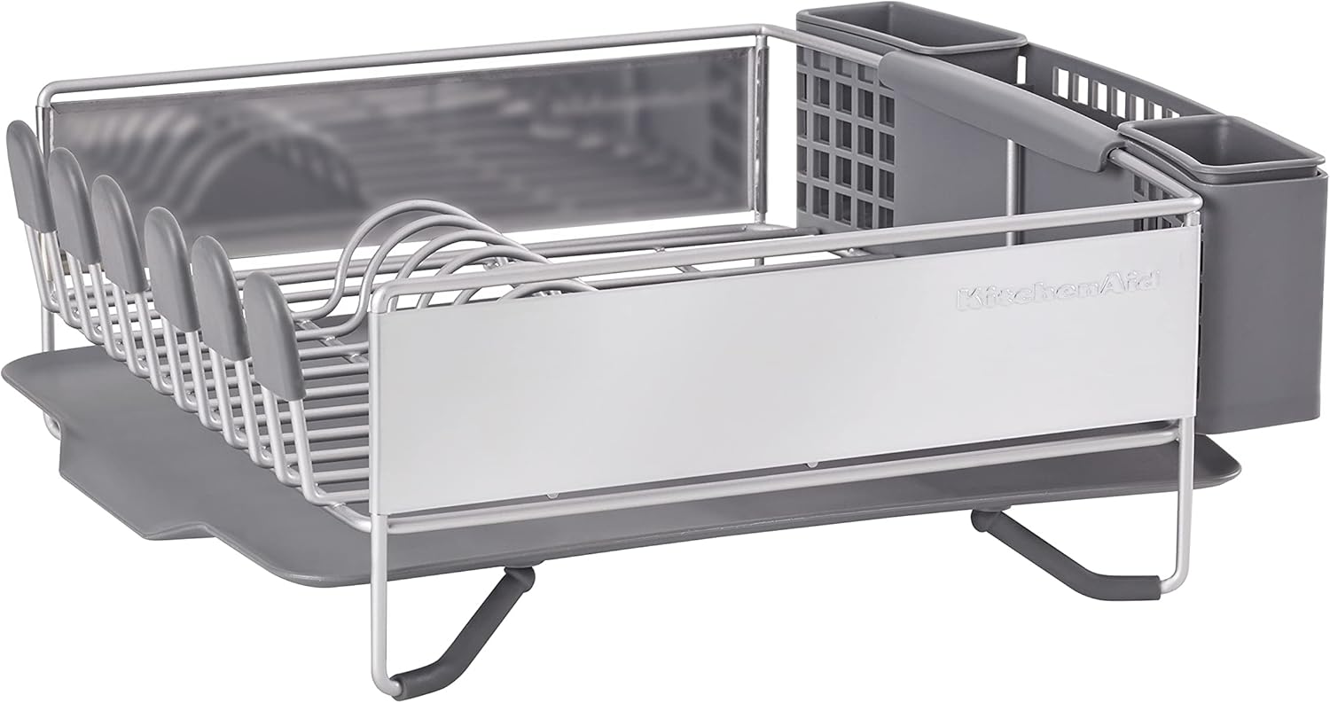 KitchenAid Compact Space Saving, Dish Rack with Removable Flatware Caddy and Angled Self Draining Drainboard, Satin Gray, 15-Inch-by-13.25-Inch