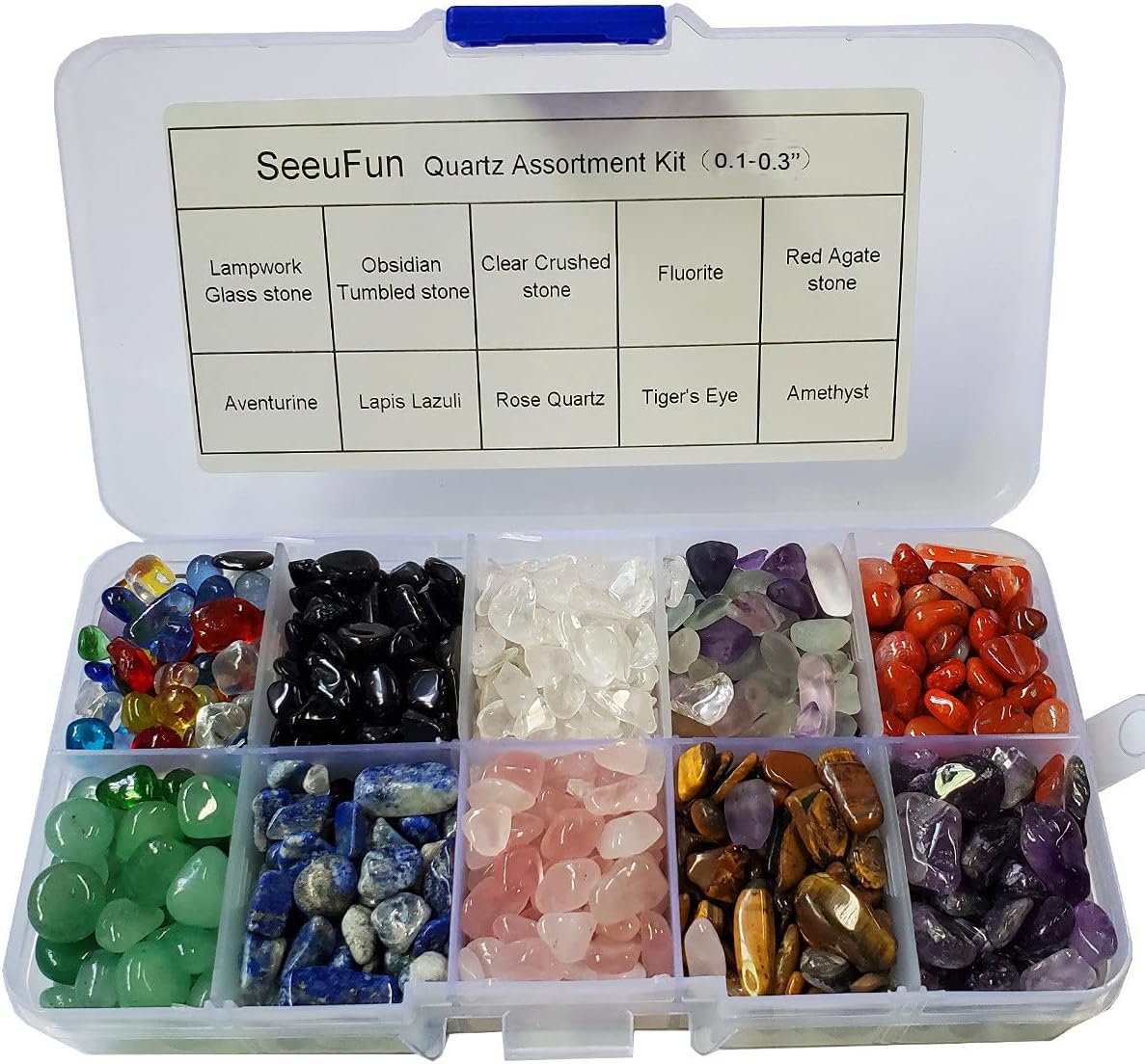 SeeuFun Assorted Mini Crystal Stone Tumbled Chips, Fluorite, Tiger's Eye, Rose Quartz, Amethyst (1/2 Pound)