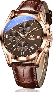 OLEVS Men's Chronograph Quartz Watches, Leather Strap Gold Case with Day Date, Waterproof Stainless Steel Wrist Watch, Luminous Hand Analog Watches for Men, Brown/Black/Blue/White Dial