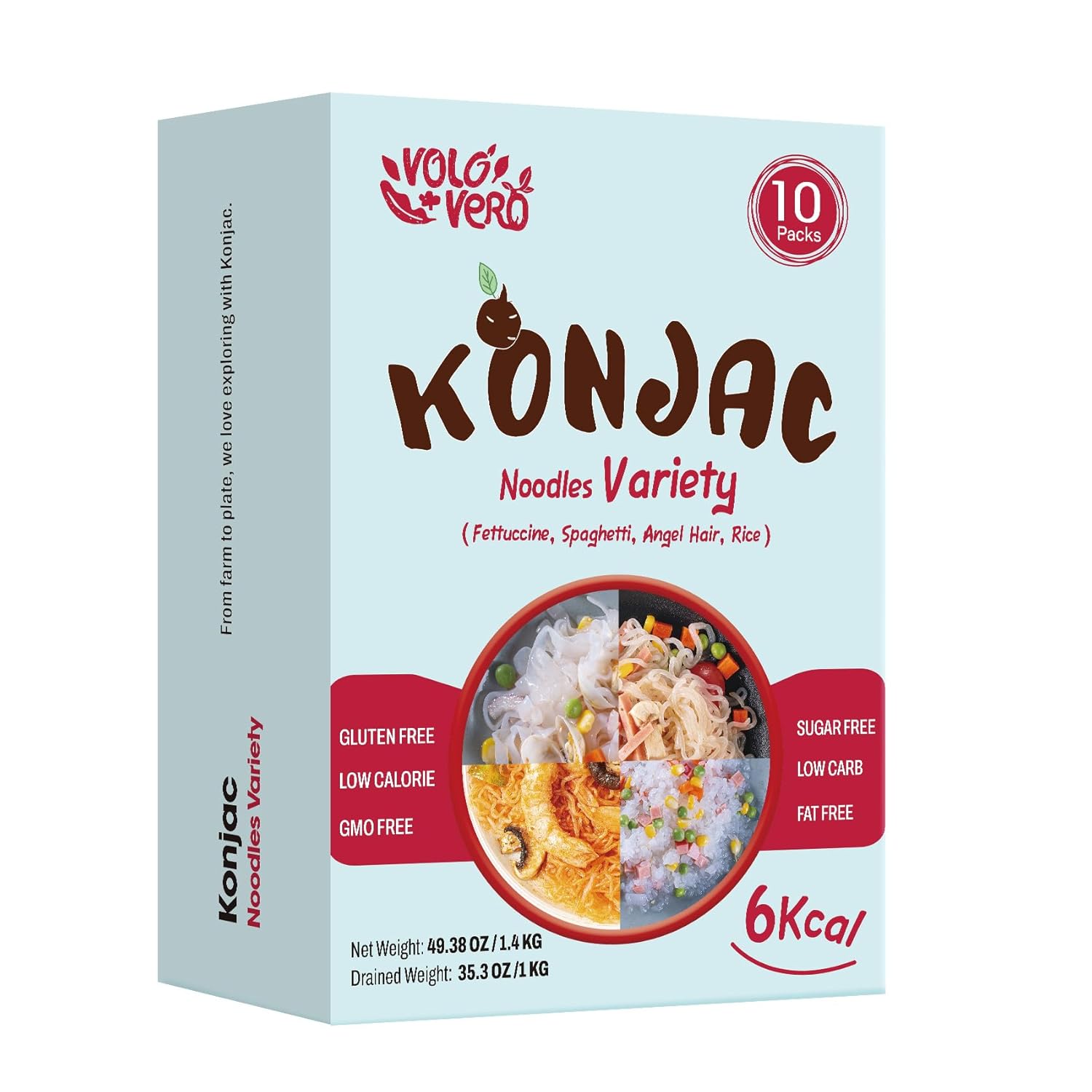 VOLO VERO Konjac Noodles Variety Pack - 10 Packs, Gluten-Free, Sugar-Free, Keto, Vegan, Low Calorie, Shirataki Noodle Pasta with Fettuccine, Spaghetti, Angel Hair, and Rice, Ready-to-Eat Healthy Food Gifts