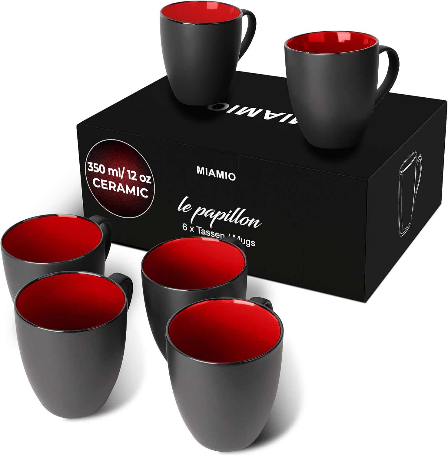 MIAMIO - 6 x 350 ml Stoneware Coffee Mug/Cup Set - Le Papillon Collection (Black-Red)