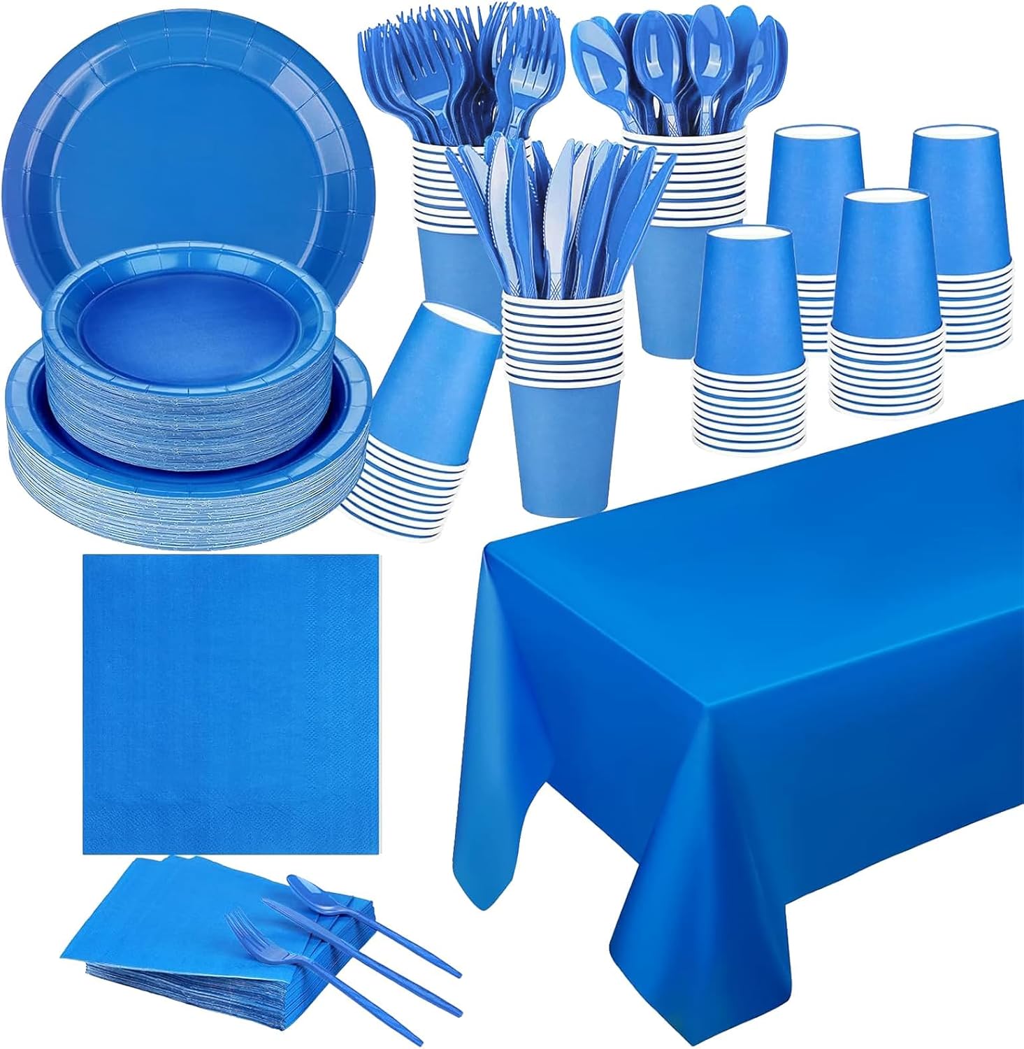 TWOWYHI 229PCS Blue Party Supplies Set Paper Disposable Plates Cups Plastic Spoons Forks Knives Blue Napkins for 30 Guests Disposable Party Dinnerware Set for Wedding Birthday Parties