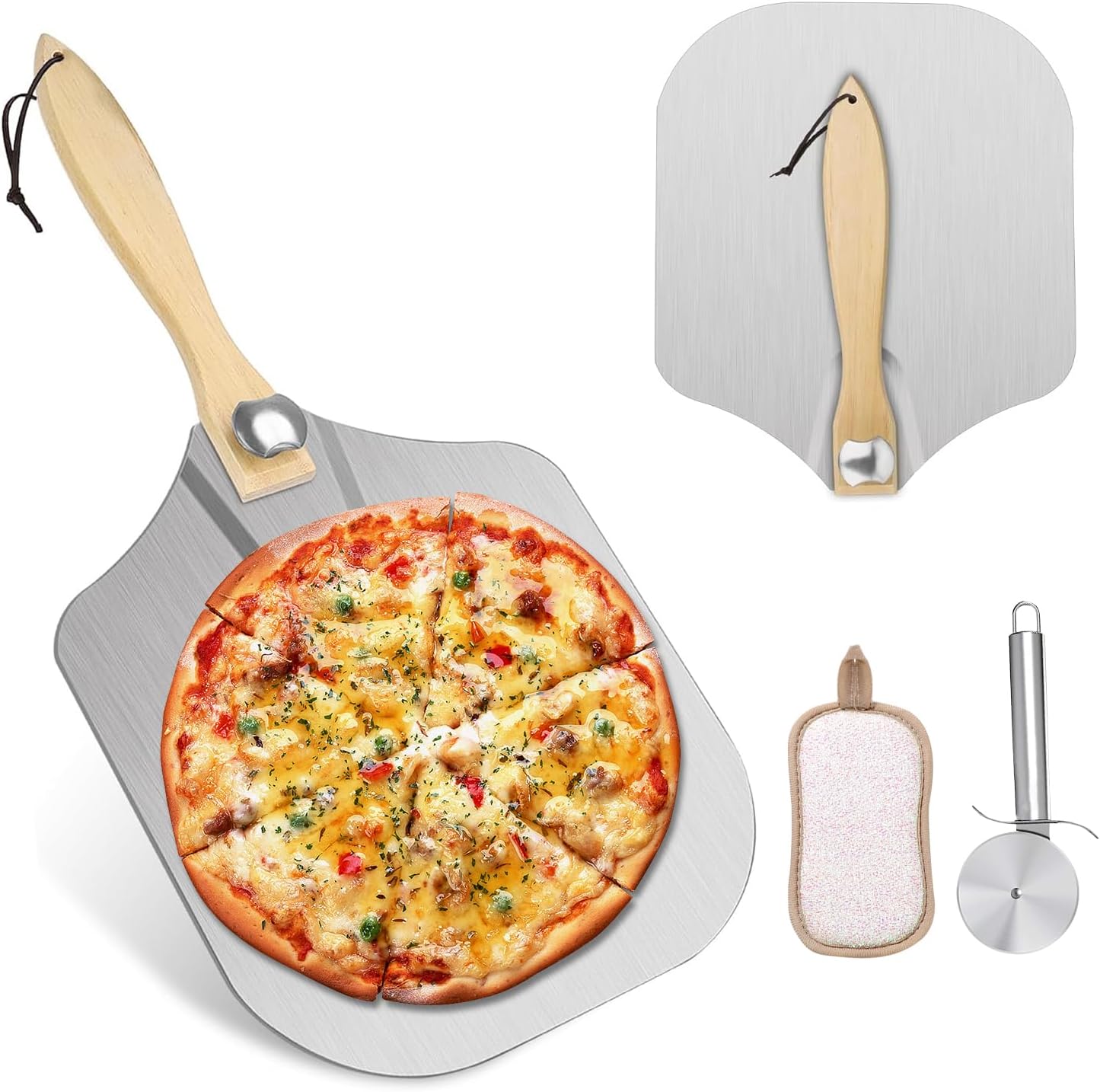 Pizza Peel 14“ x 12”, Aluminum Pizza Paddle 12 Inch with Foldable Wooden Handle for Easy Storage, Pizza Shovel with Pizza Cutter Wheel for Baking Handmade Pizza, Dough, Bread & Cakes