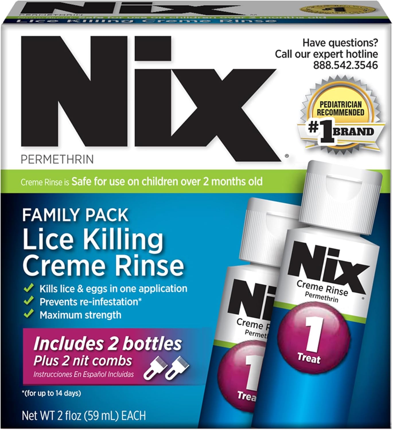 Nix Lice Killing Creme Rinse Extra Strength Family Pack, 2 Creme Rinse, 2 fl oz bottles & 2 Lice Combs