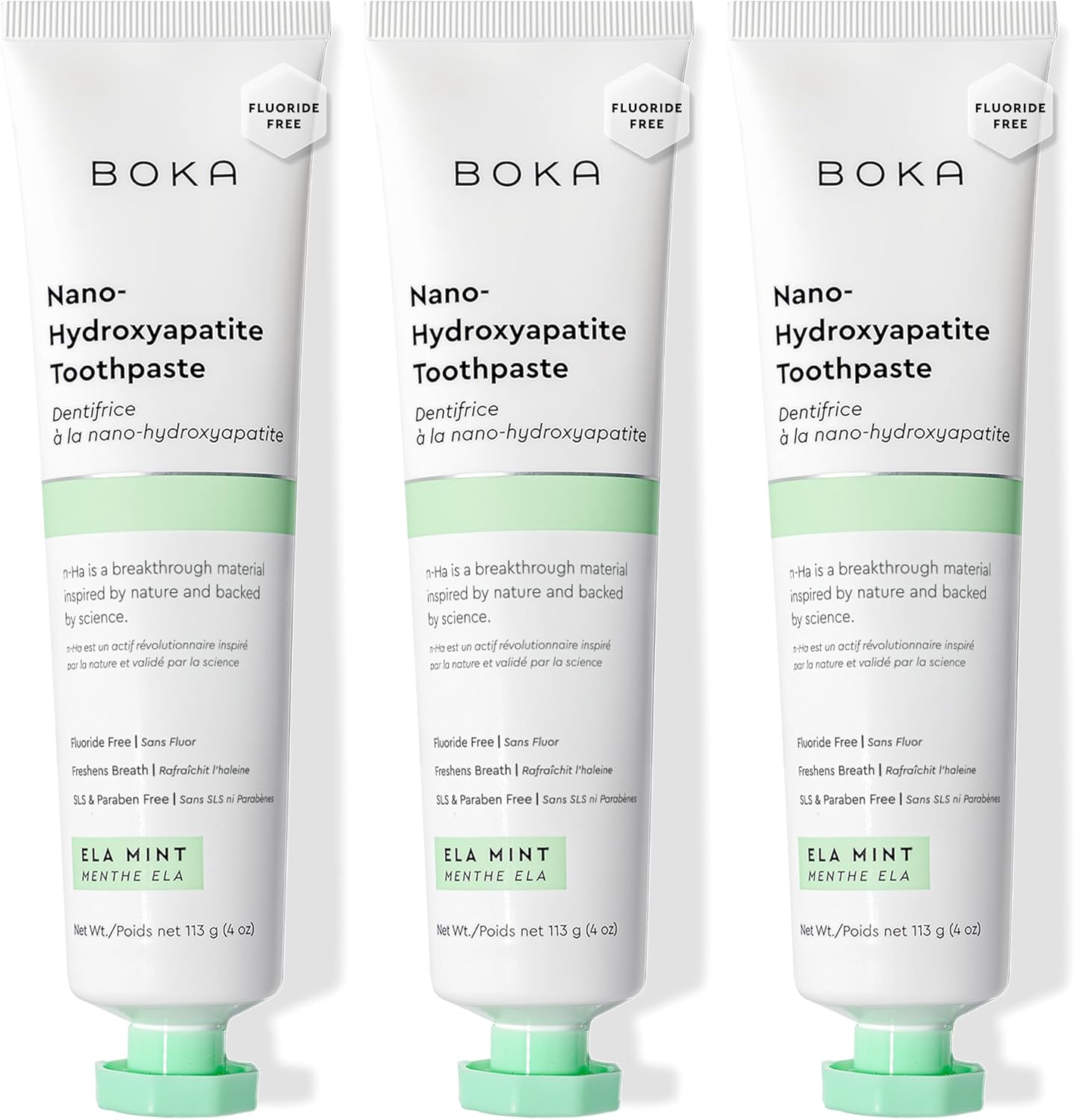 Boka Fluoride Free Nano Hydroxyapatite Toothpaste - Adult & Kids - Appropriate for Sensitive Teeth - No Sulfates & Parabens - Natural Flavors & Vegan - Mild Ela Mint (113g) 3pk