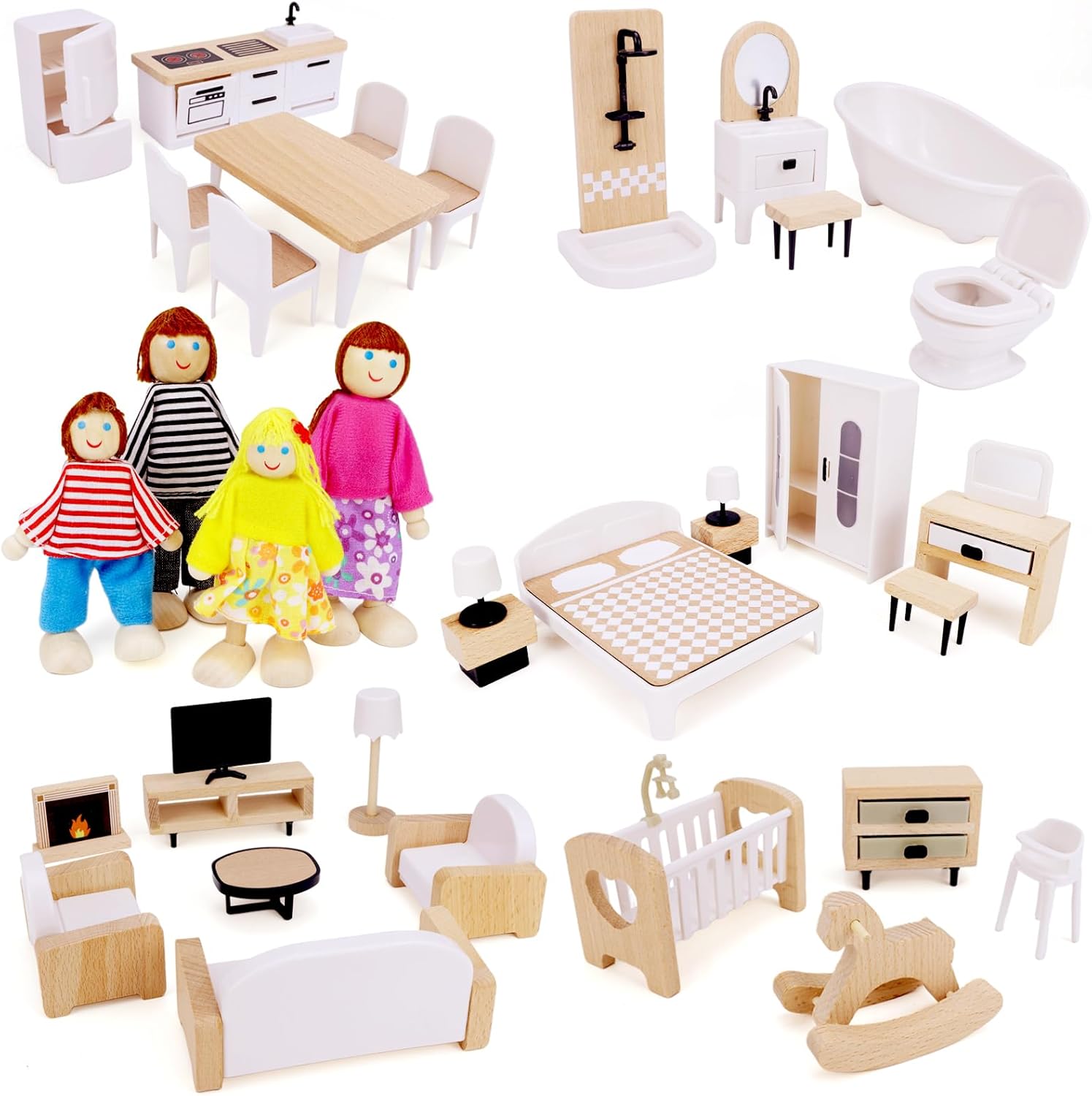 Wooden Dollhouse Furniture Set, 36 Pcs Wood and Plastic Doll House Accessories and Furniture Set with 4 Family Dolls 5 Rooms, Pretend Play Miniature Toys for 3+ Kids Birthday