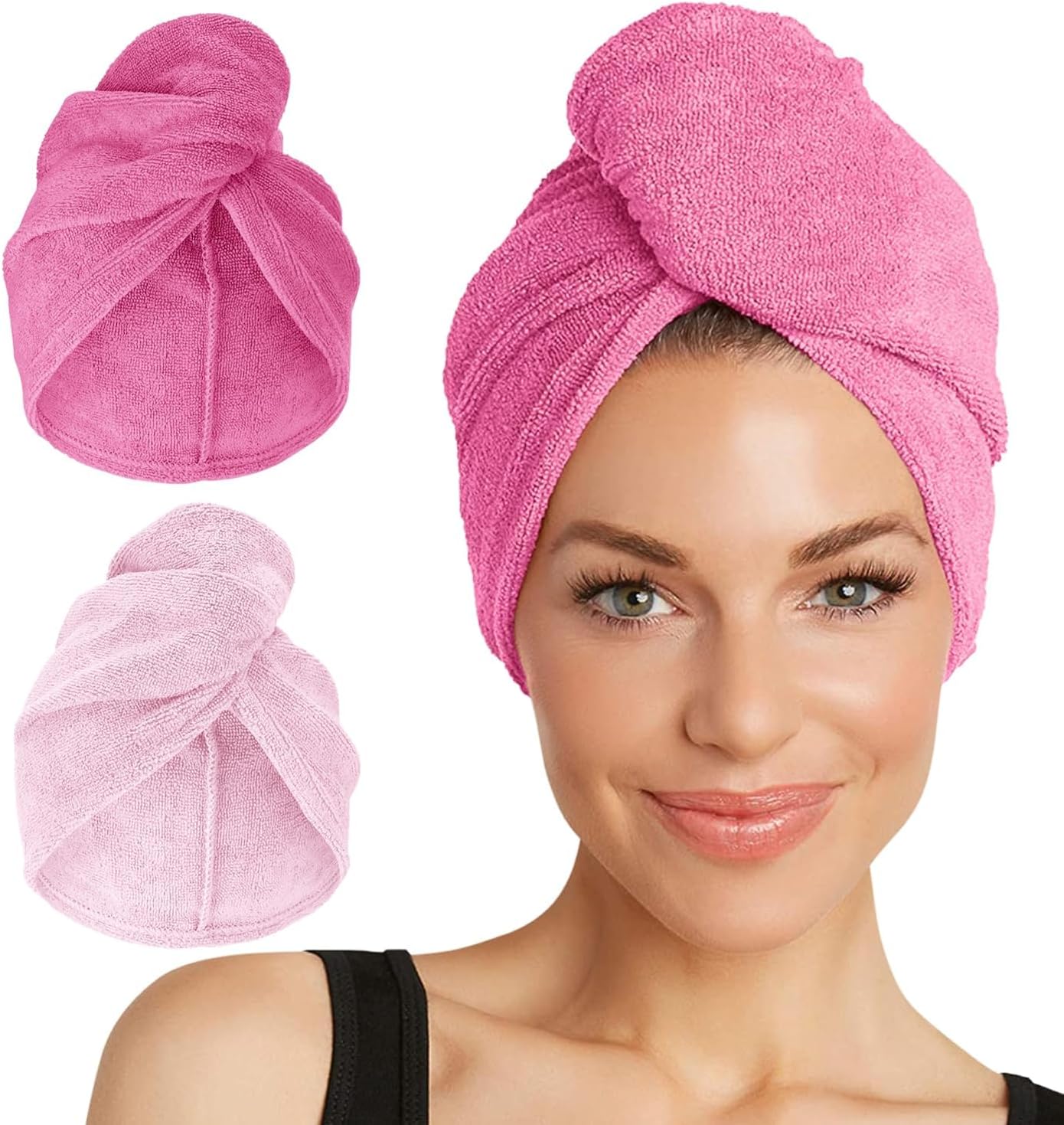 Turbie Twist Microfiber Hair Towel Wrap for Women and Men | 2 Pack | Bathroom Essential Accessories | Quick Dry Hair Turban for Drying Curly, Long & Thick Hair (Dark Pink, Light Pink)