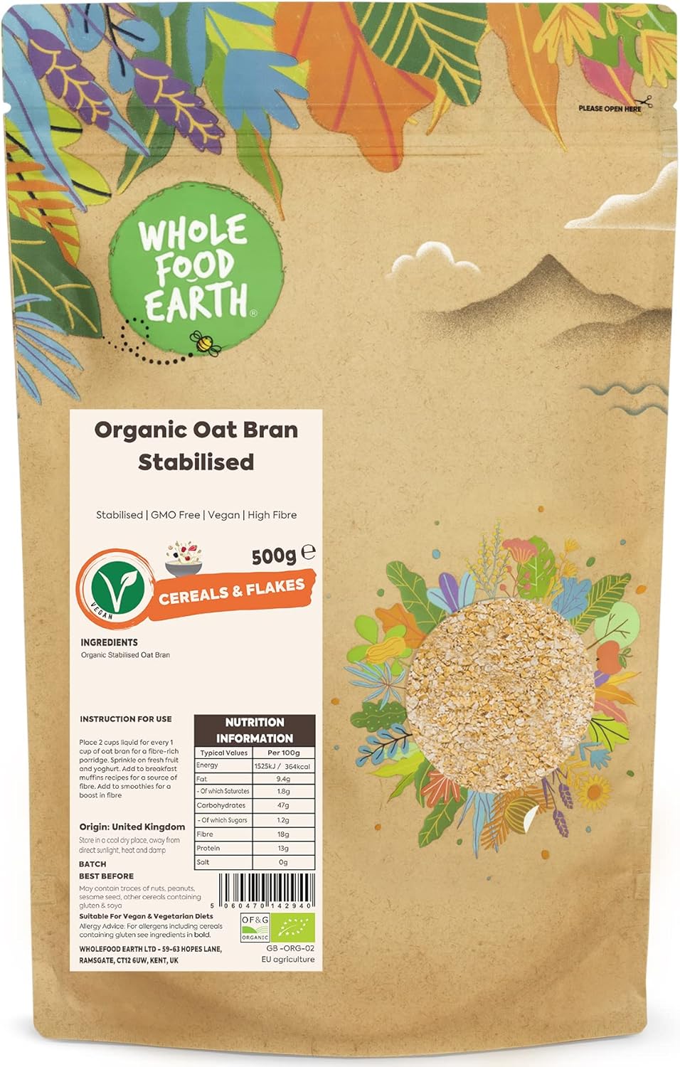 Wholefood Earth Organic Oat Bran Stabilised 500g | Stabilised | GMO Free | Vegan | High Fibre | Certified Organic