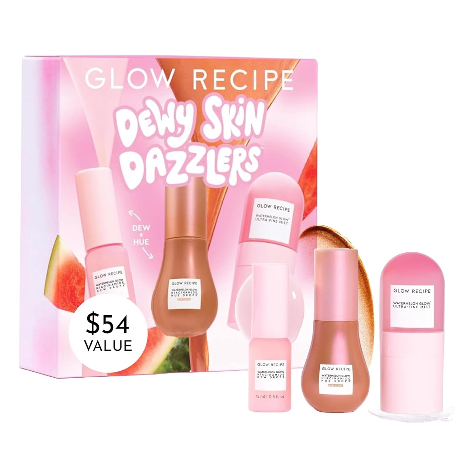Glow Recipe Dewy Skin Dazzlers Travel Size Gift Set - Niacinamide Dew Drops Face Serum + Hue Drops Bronzing Serum + Watermelon Glow Ultra-Fine Hydrating Face Mist (3 Count)