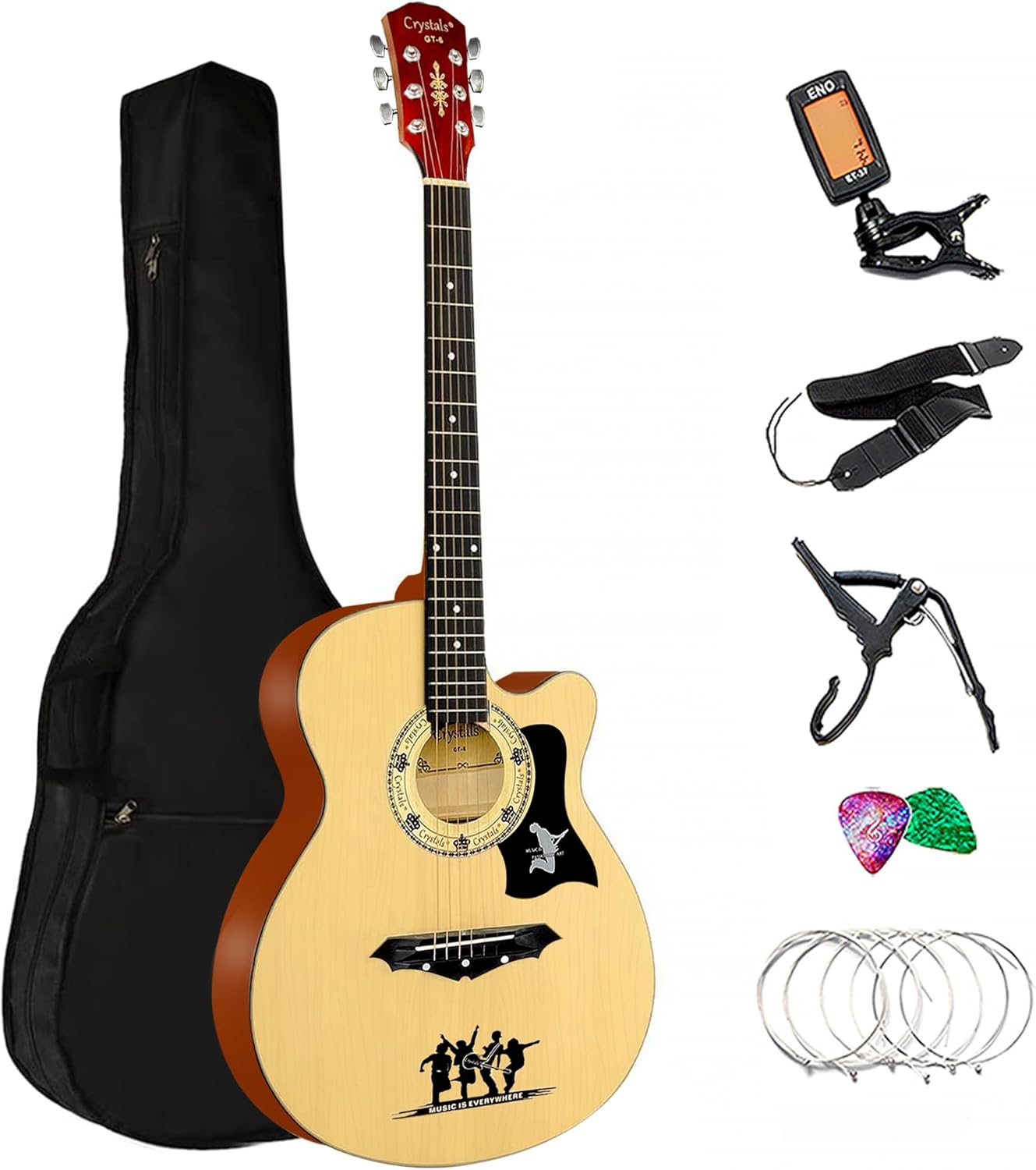 Crystals 4/4 Size 38'' Classic 6 Strings Acoustic Guitar Full Package Pack with Accessories (Wood)