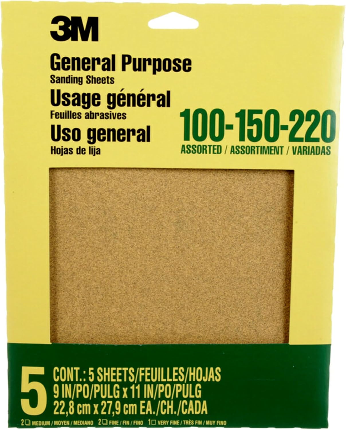 3M Aluminum Oxide Sandpaper, 5 Sheets, Assorted Grit 100-150-220, 9-in x 11-in, Multi-Purpose Abrasive Sanding Paper, For General Purpose Sanding On Paint, Wood and Metal (9005NA)