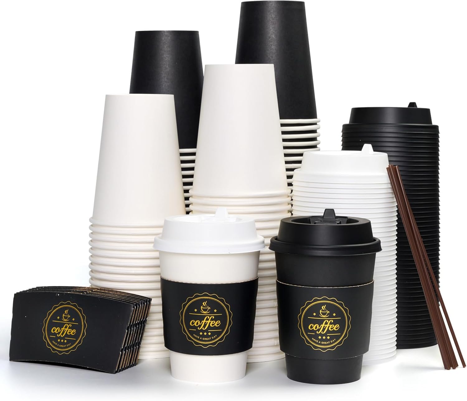 JOLLY CHEF 100 Pack 12 oz Disposable Coffee Cups, Paper Coffee Cups with Lids, Sleeves and Stirrers, Hot Cups for Office, Home, Travel (Black and White)