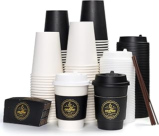 JOLLY CHEF 100 Pack 12 oz Disposable Coffee Cups, Paper Coffee Cups with Lids, Sleeves and Stirrers, Hot Cups for Office, Home, Travel (Black and White)