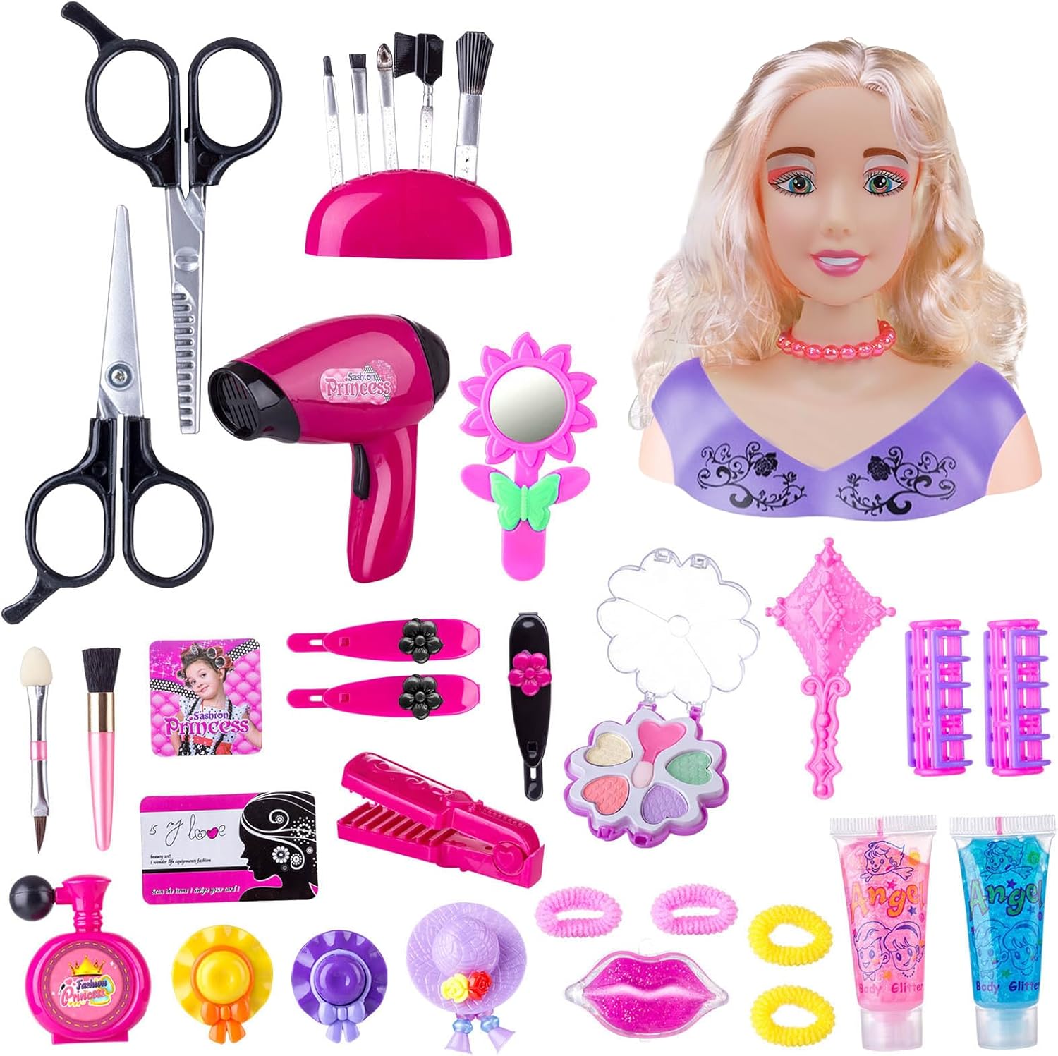 Kids Hairdressing Makeup Doll Head - 34 PCS Toy for Hair Styling, Play Makeup and Dressing Set, Christmas and Birthday Gift for Girls