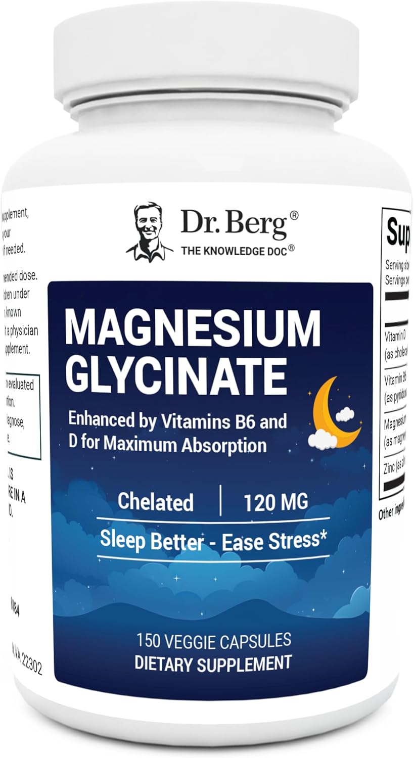 Dr. Berg Magnesium Glycinate 150ct – 4-in-1 Chelated for Muscle, Nerve, Sleep & Stress Support*– w/ D3, B6 & Zinc – 4X Lab-Tested – No Fillers – Formulated in USA, GMP-Certified