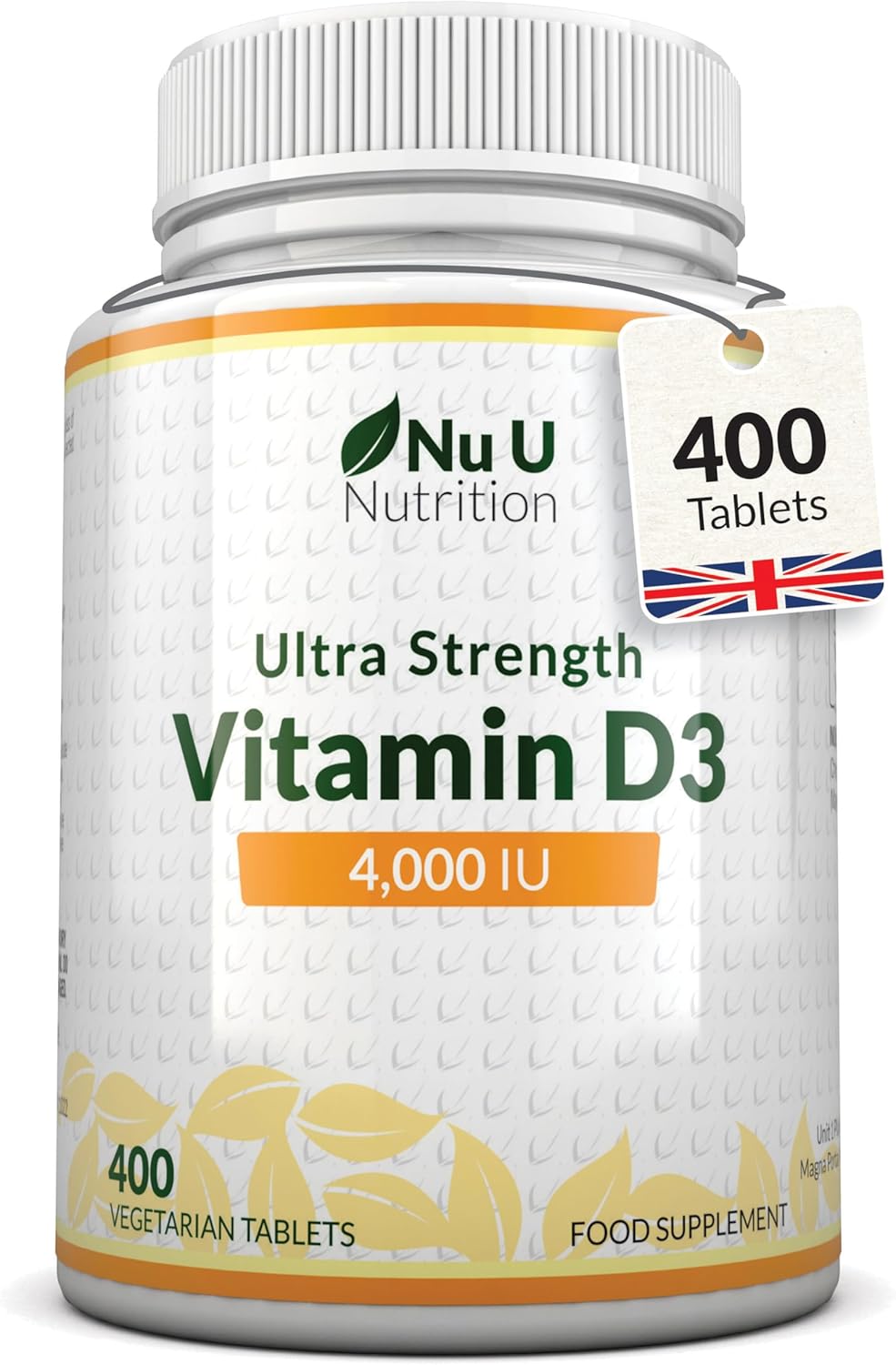 Vitamin D3 4000 IU - 400 Vegetarian Tablets - 13 Month Supply - High Strength 100 mcg Vitamin D - Immune System, Bone and Muscle Function Support - Made in The UK - Nu U Nutrition