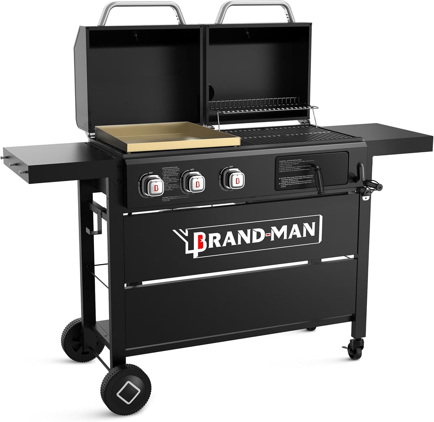 Brand-Man Propane Gas and Charcoal Grill Combo,Grill and Griddle Combo Dual Fuel BBQ Grill with Dual Lids for Outdoor Barbecue, Black