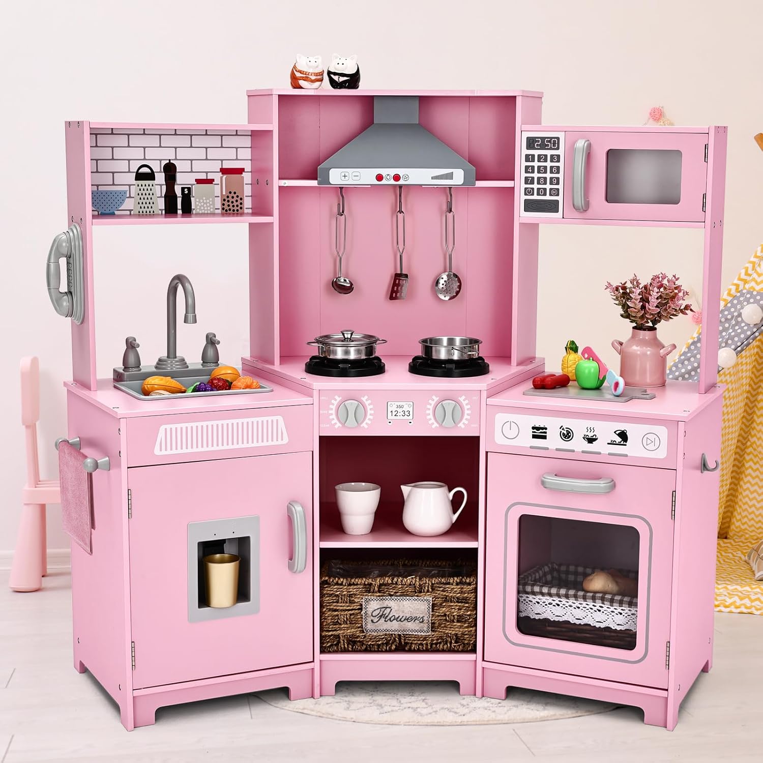 Kids Play Kitchen,Corner Wooden Pretend Toddler Kitchen Toys Playset,Realistic Lights & Sounds,Microwave Oven,Water Dispenser,Phone,Sink,Cooking Accessories,for Toddlers Ages 3+,Pink