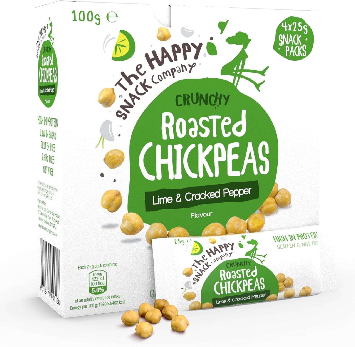 The Happy Snack Company Roasted Chickpeas, Lime & Cracked Pepper Flavour Healthy Snacks, Plant Protein, Gluten Free Tasty Snacks, Vegan, 110 Calories, 25g Portion, Pack of 20
