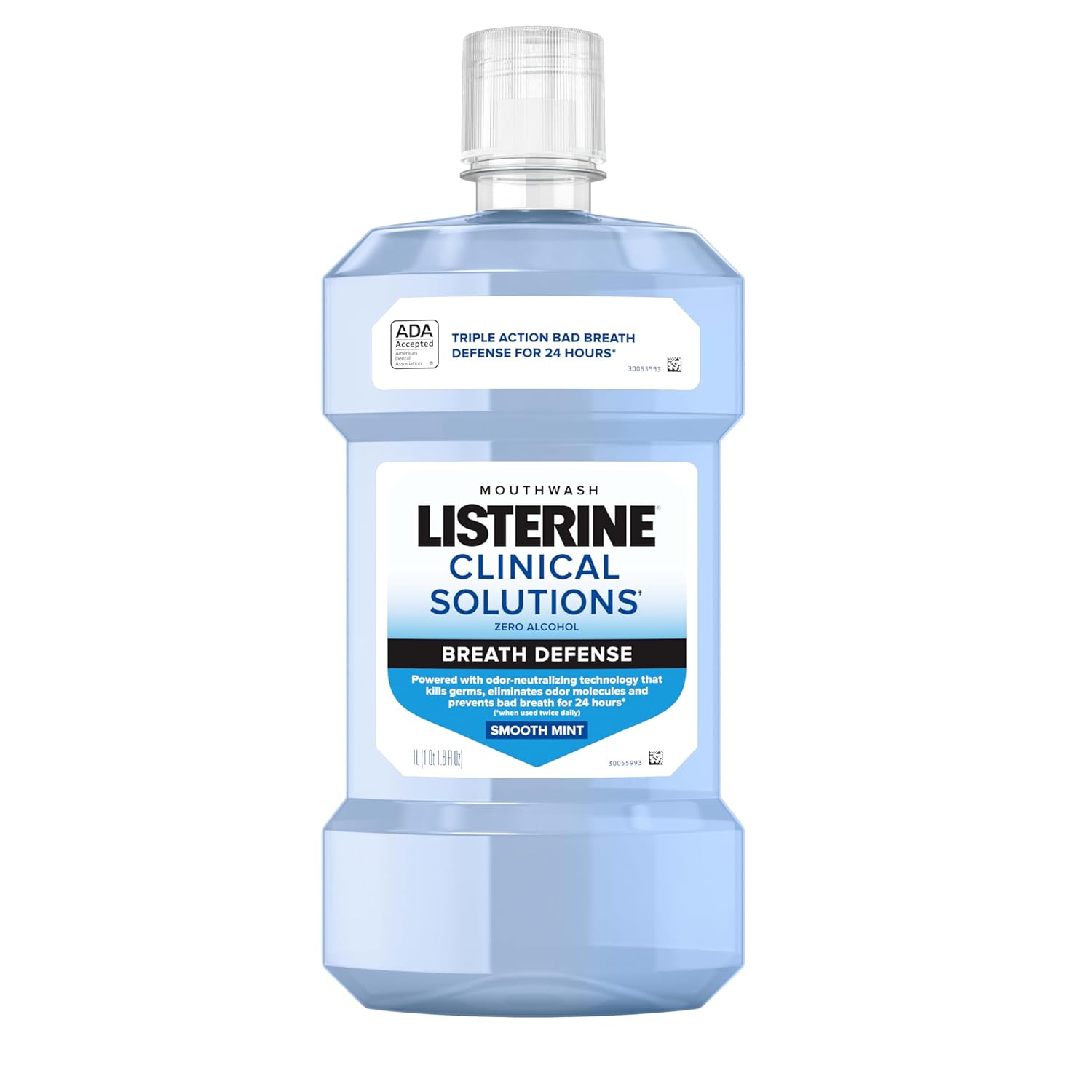 Listerine Clinical Solutions Breath Defense Alcohol Free Mouthwash, Oral Rinse with a Triple-Action Formula Fights Bad Breath for 24 Hours, Smooth Mint Flavor, 1 L