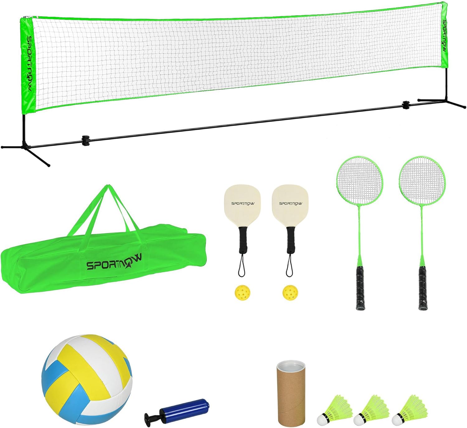 SPORTNOW 5M Portable Badminton Set, Height Adjustable Tennis Volleyball Net with 3 Shuttlecocks, 4 Rackets and with Carry Bag, Multi-Sports Badminton Net for Indoor Outdoor, Garden, Beach Games